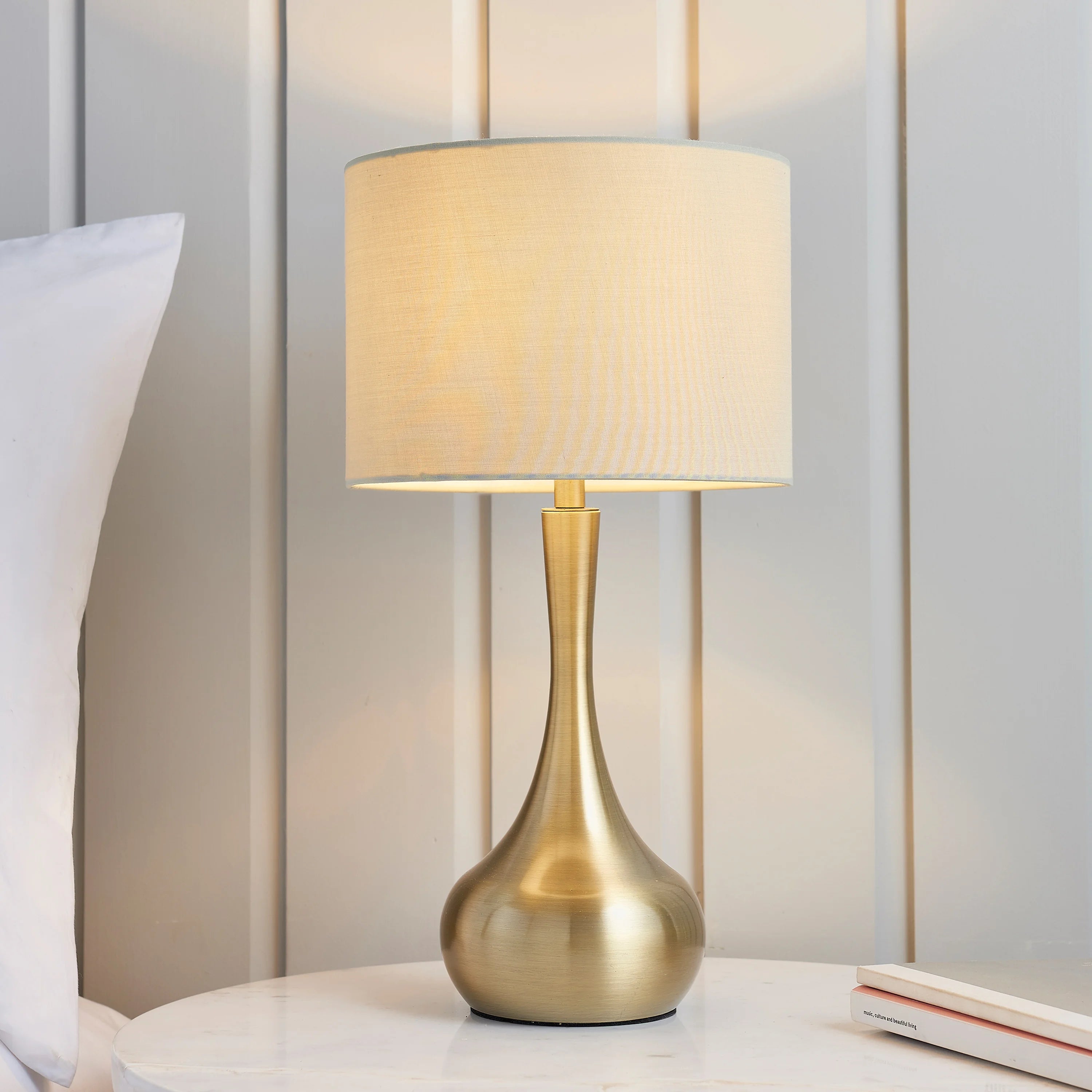 Brass Bedside Table Lamp – Piccadilly – Taupe Shade