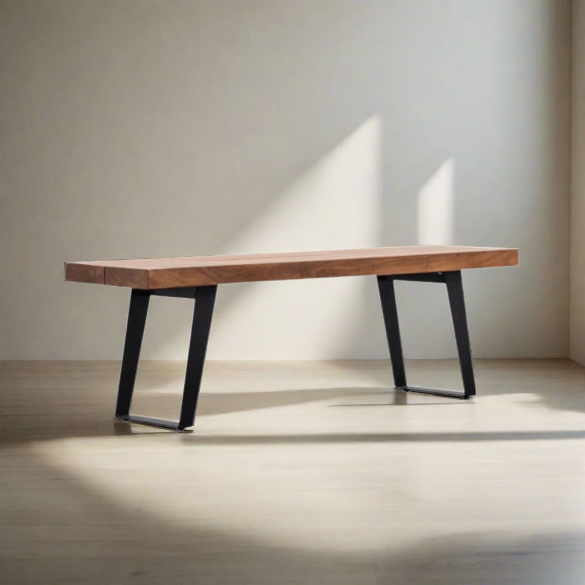 Pimlico Dining Bench in solid natural acacia wood with angular grey metal legs | MalletandPlane.com