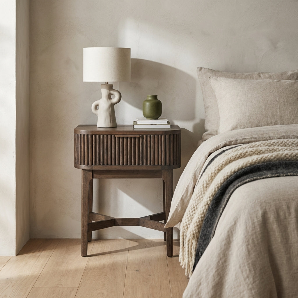 RAIE walnut finished bedside table with ribbed styling and 1 drawer