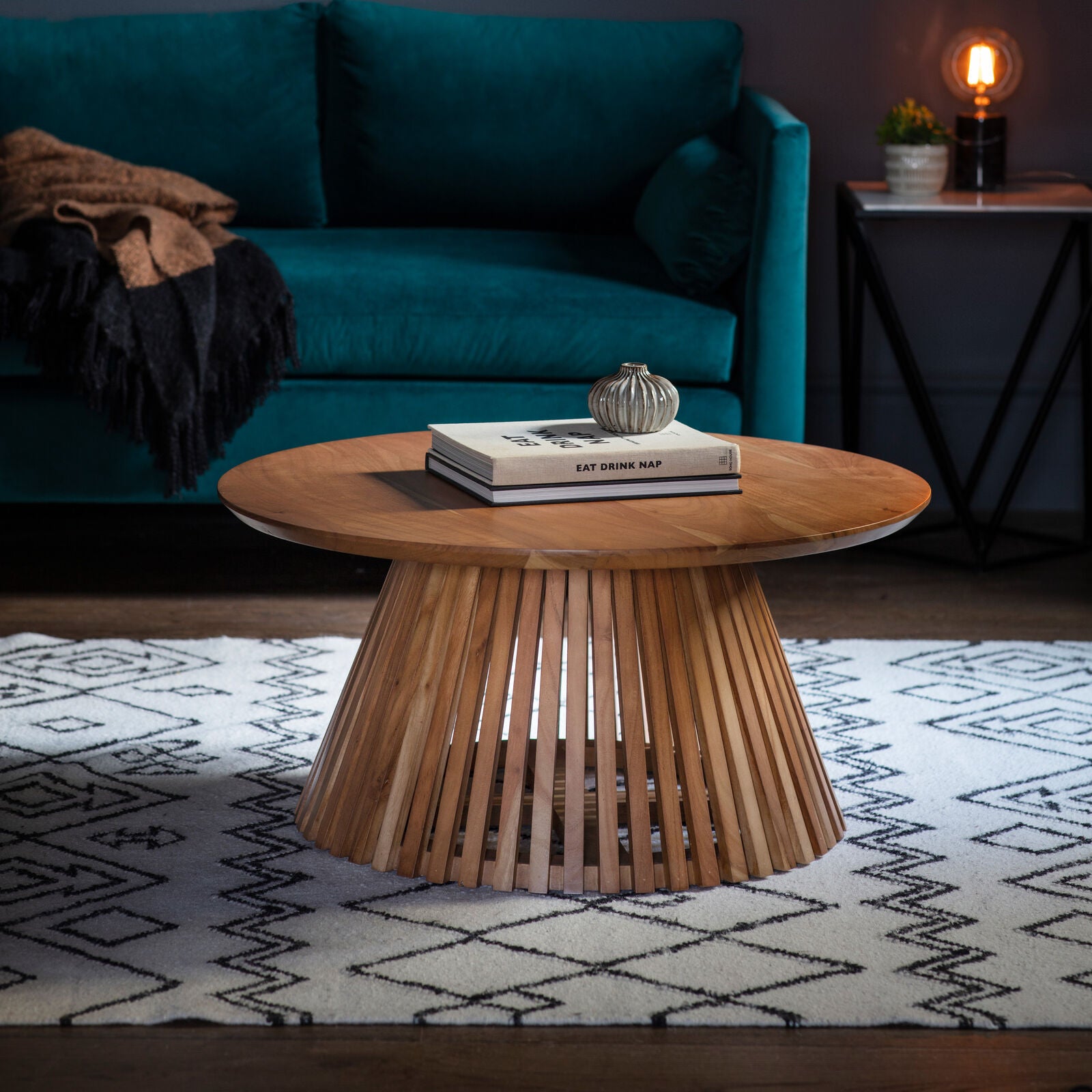 Regan solid acacia wood slatted 800mm round coffee table | malletandplane.com