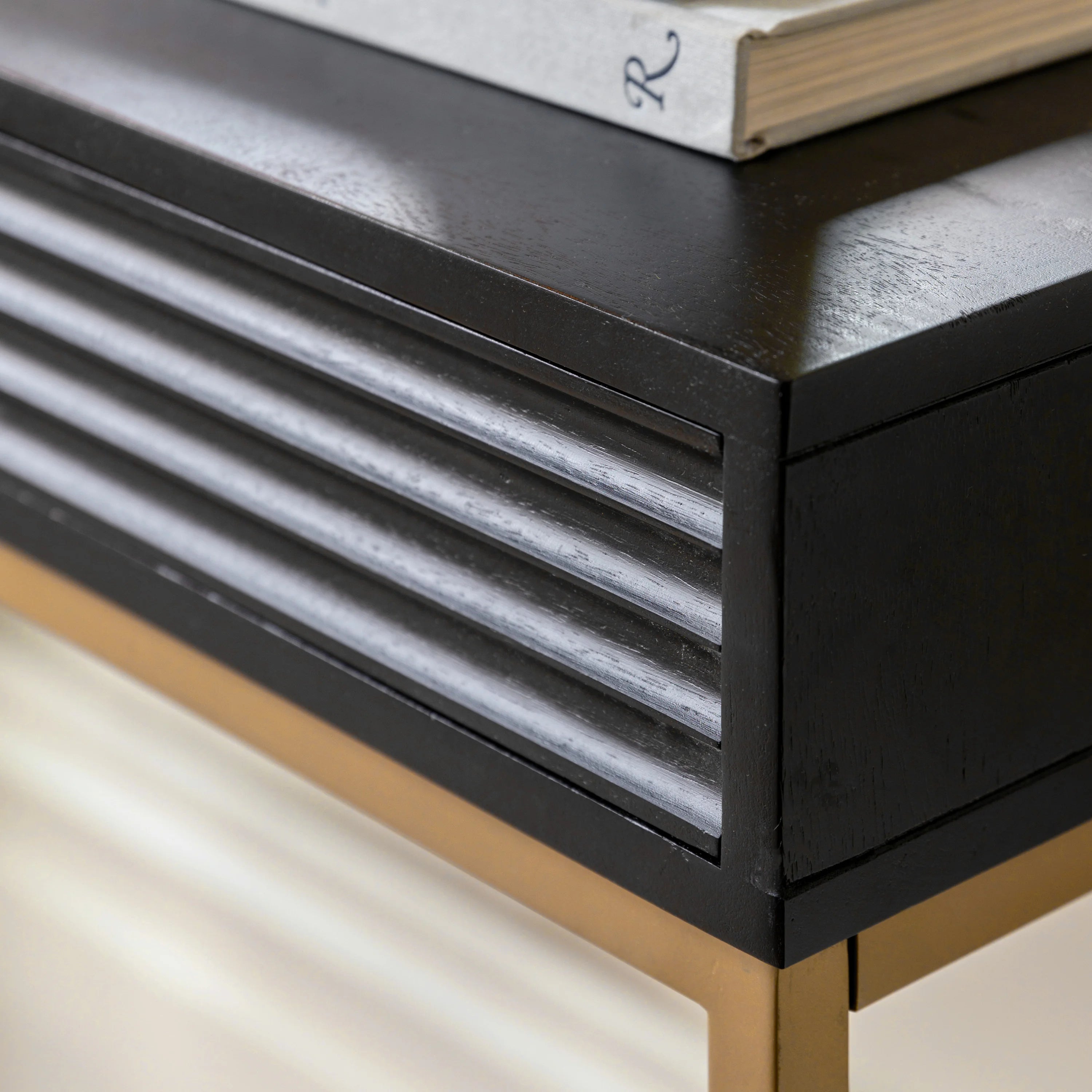 RIPPLE Console Table – Black 2 Drawer Console with Gold Frame