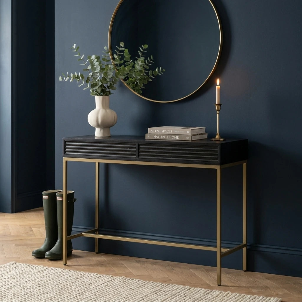 RIPPLE Console Table – Black 2 Drawer Console with Gold Frame