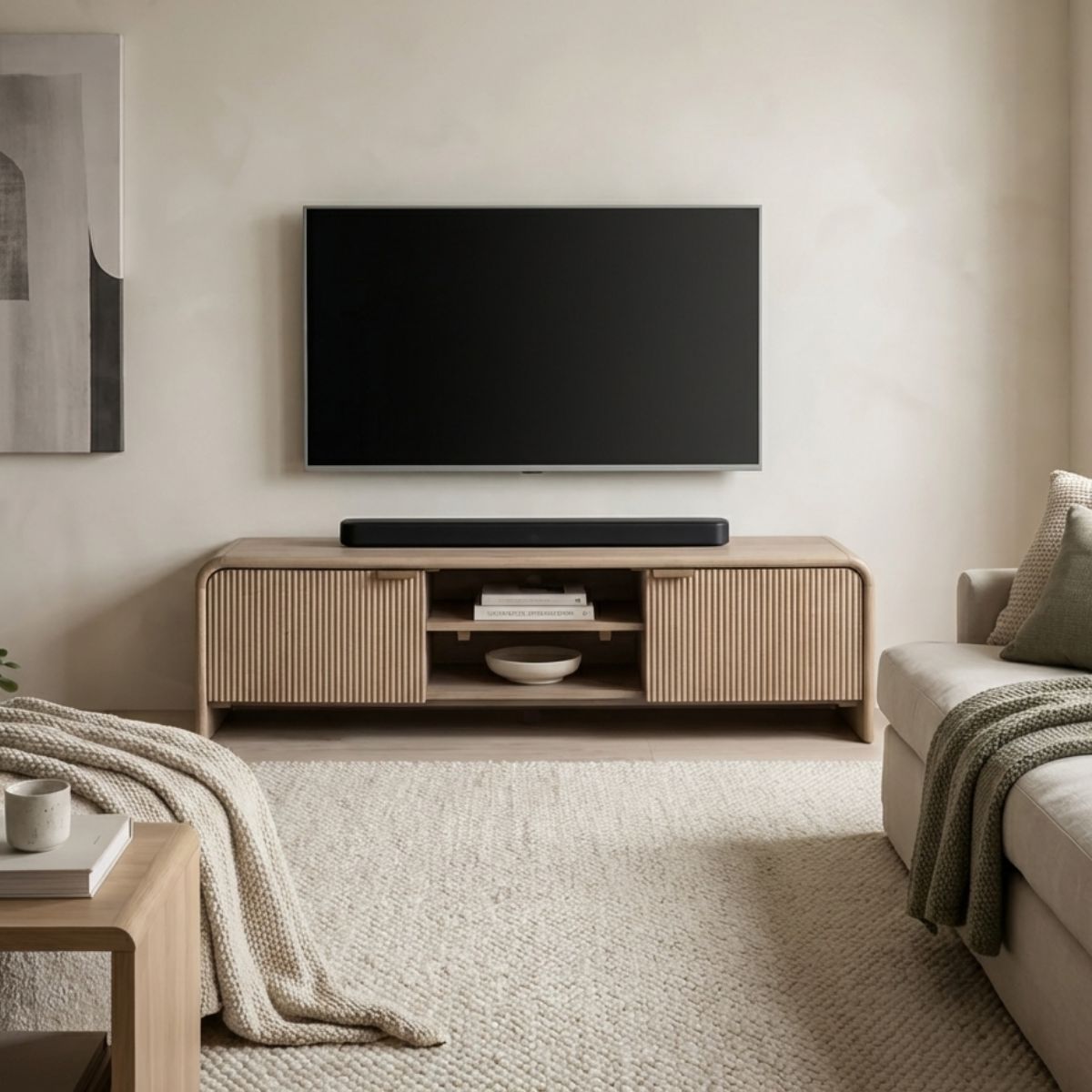 Rocca mango media unit  TV Stand with curved edges and fluted doors