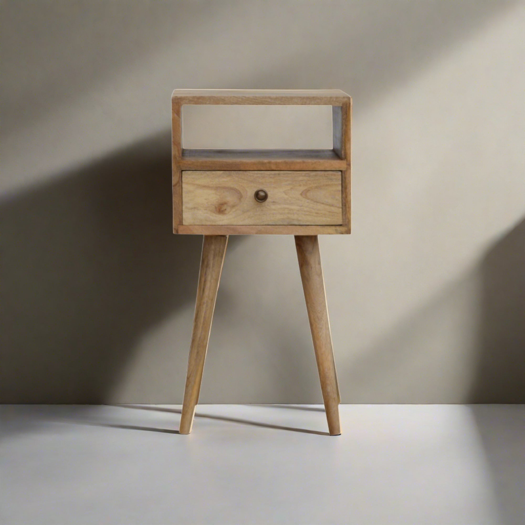 Ronan handmade solid mango wood small bedside table in a fine mango finish  | malletandplane.com