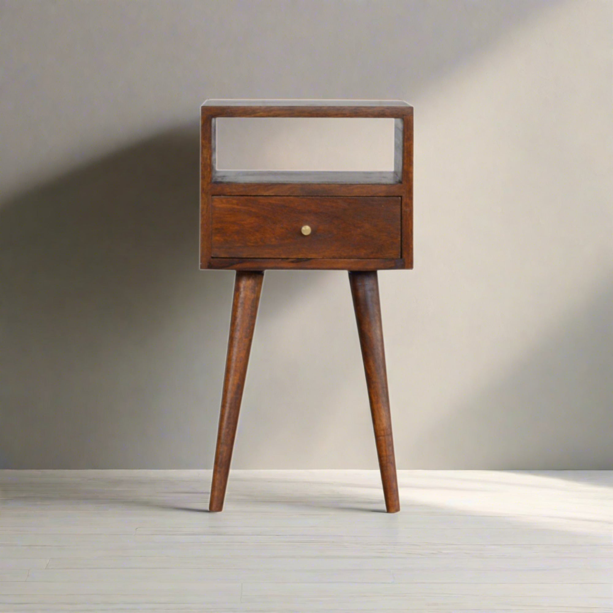 Ronan handmade solid mango wood small bedside table in a deep chestnut finish | malletandplane.com