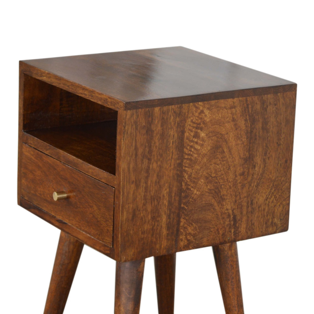 Ronan handmade solid mango wood small bedside table in a deep chestnut finish | malletandplane.com