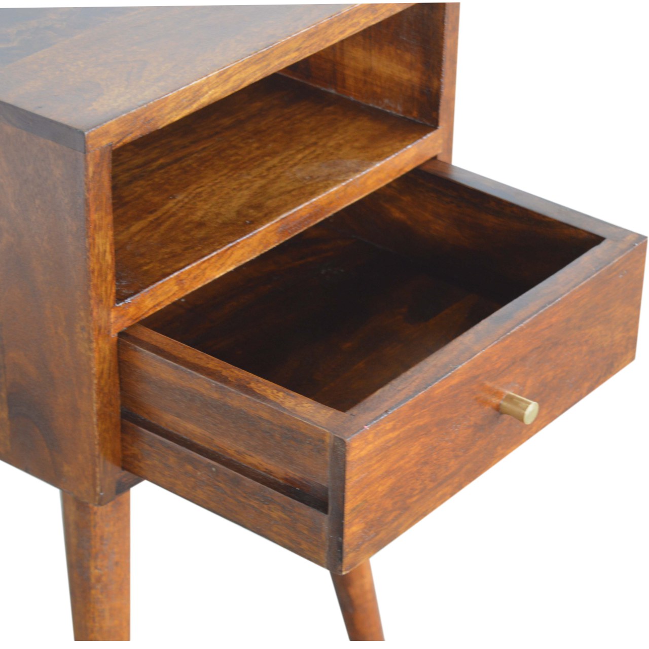 Ronan handmade solid mango wood small bedside table in a deep chestnut finish | malletandplane.com