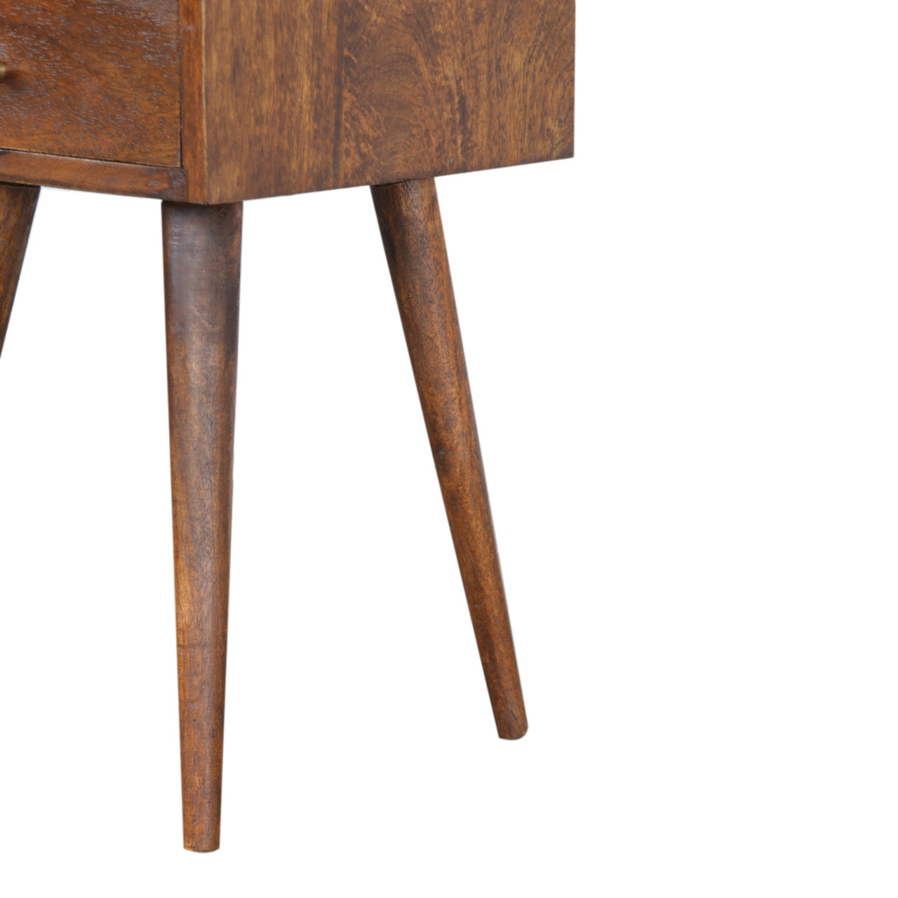 Ronan handmade solid mango wood small bedside table in a deep chestnut finish | malletandplane.com