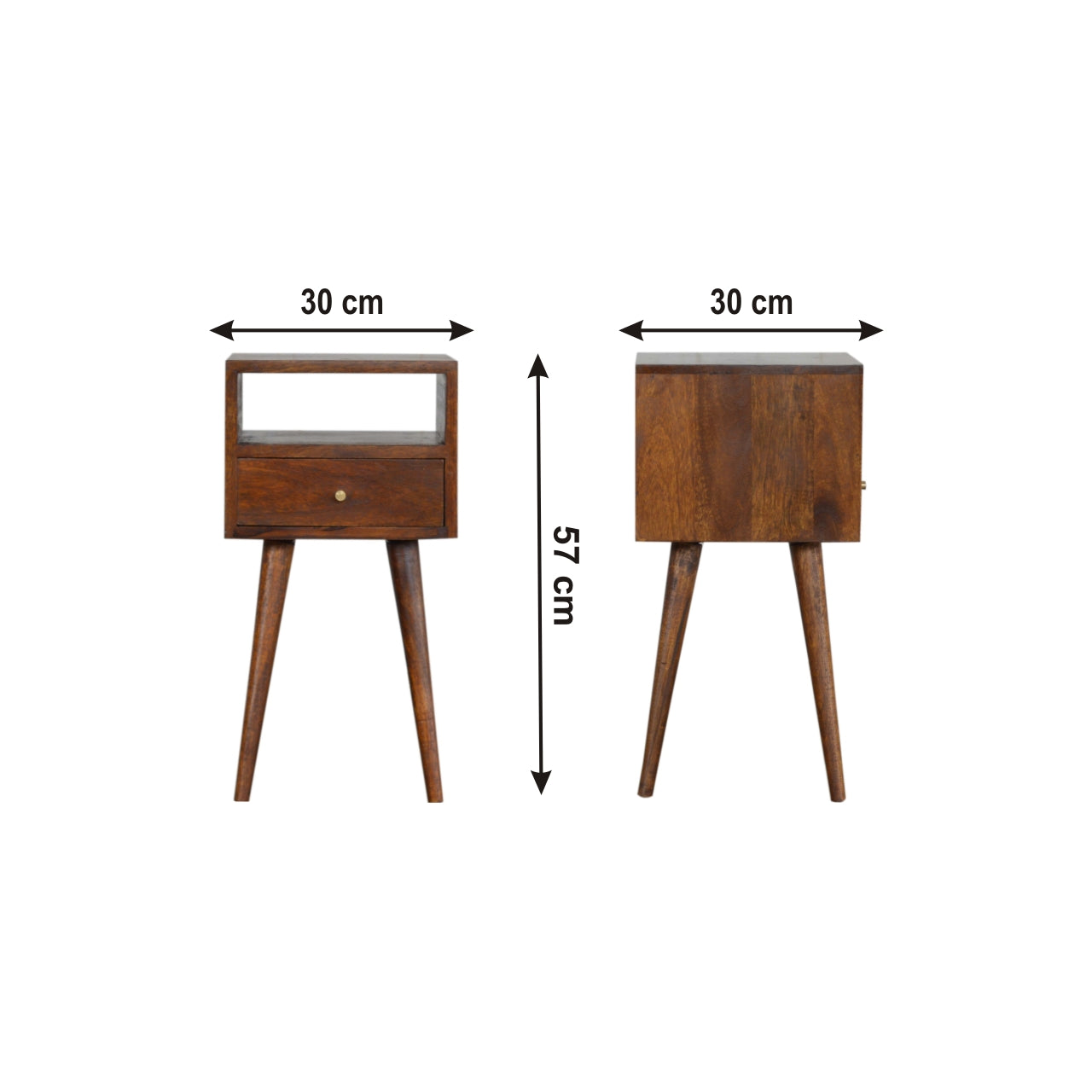 Ronan handmade solid mango wood small bedside table in a deep chestnut finish | malletandplane.com