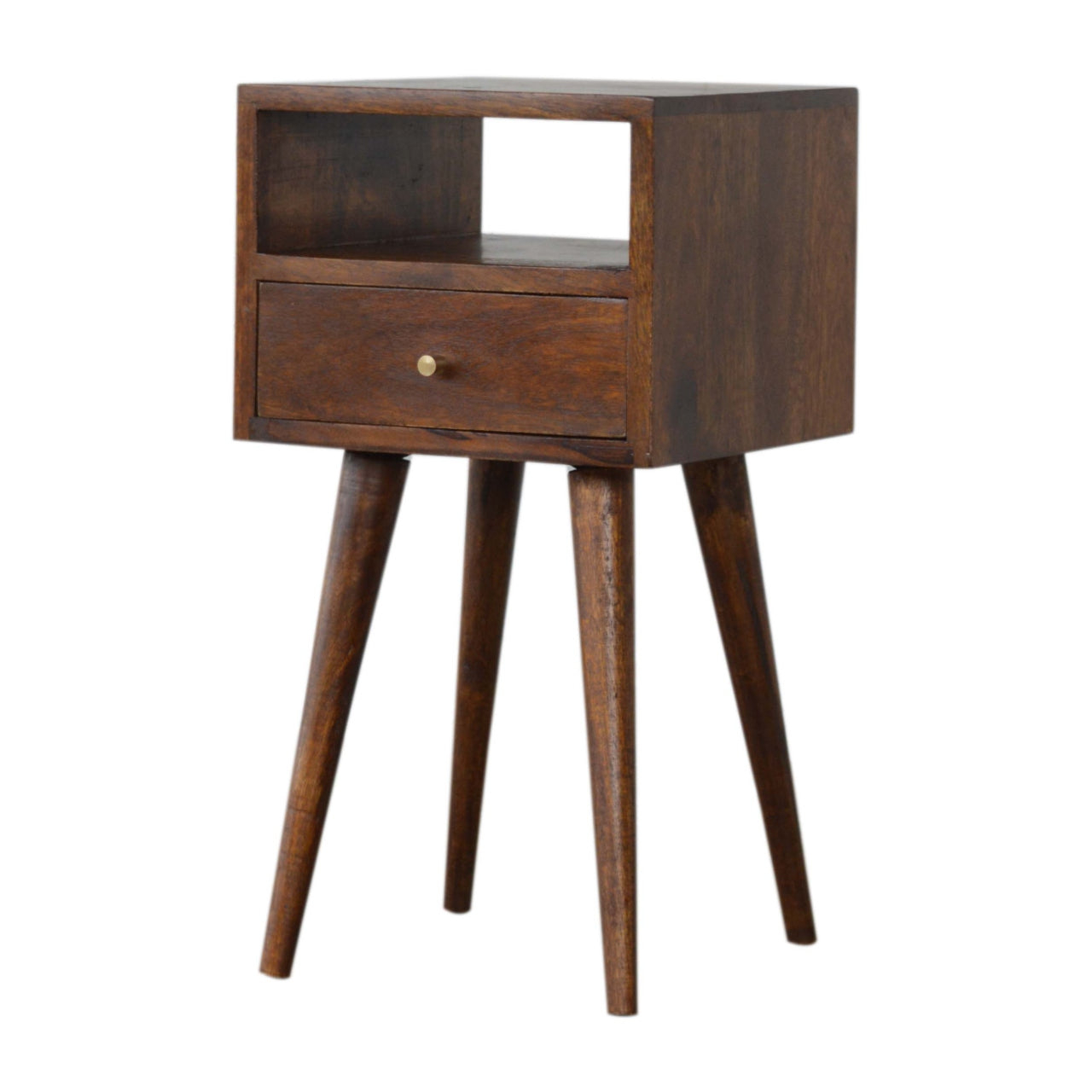 Ronan handmade solid mango wood small bedside table in a deep chestnut finish | malletandplane.com