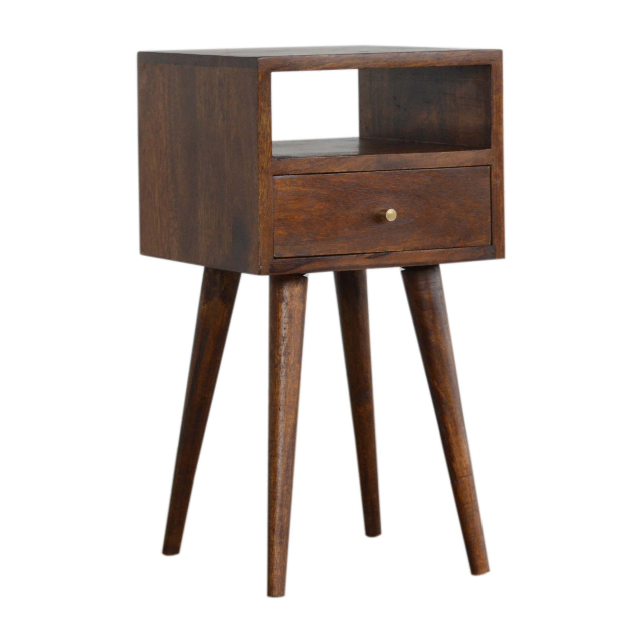 Ronan handmade solid mango wood small bedside table in a deep chestnut finish | malletandplane.com