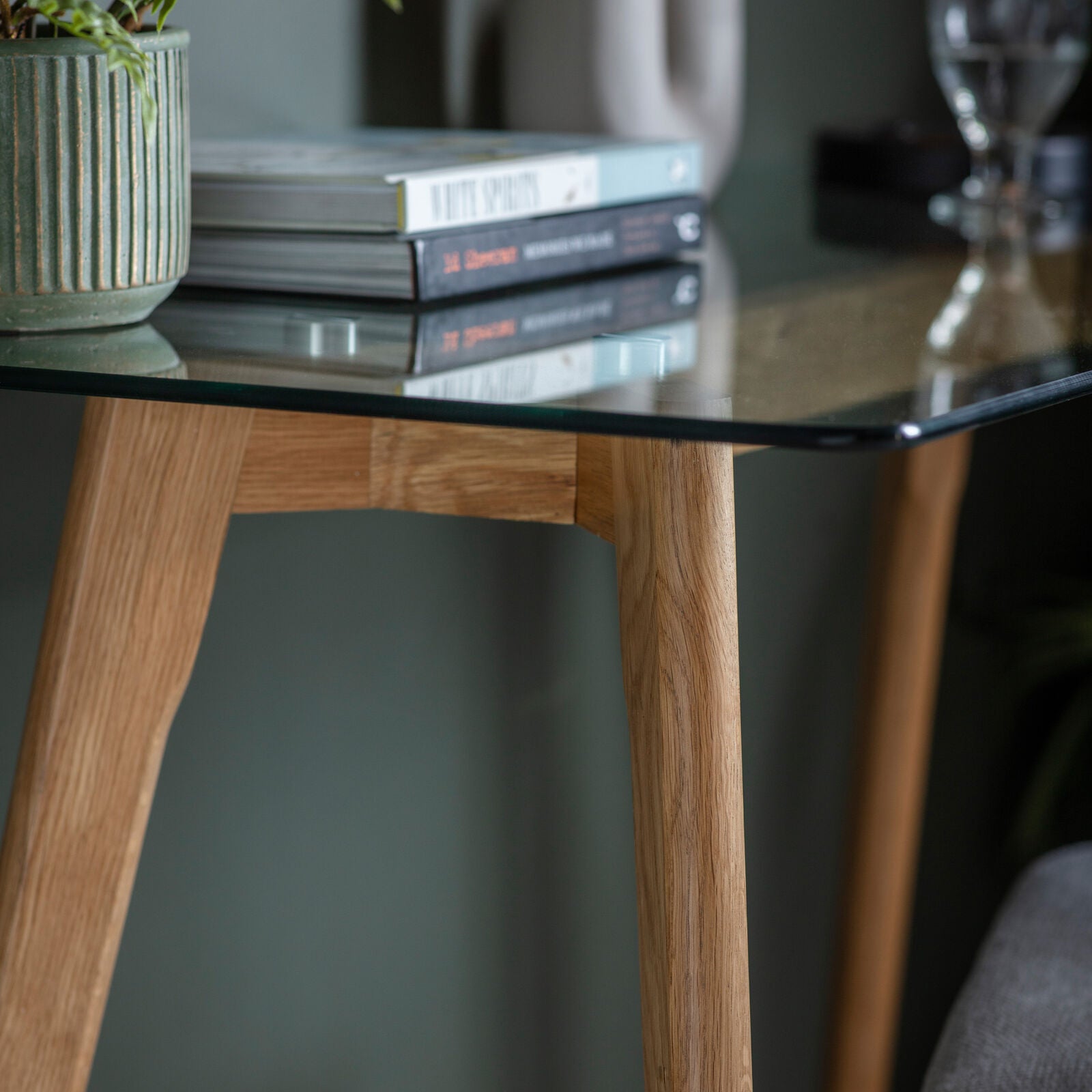 Shelton glass topped contemporary style desk with oak base | malletandplane.com