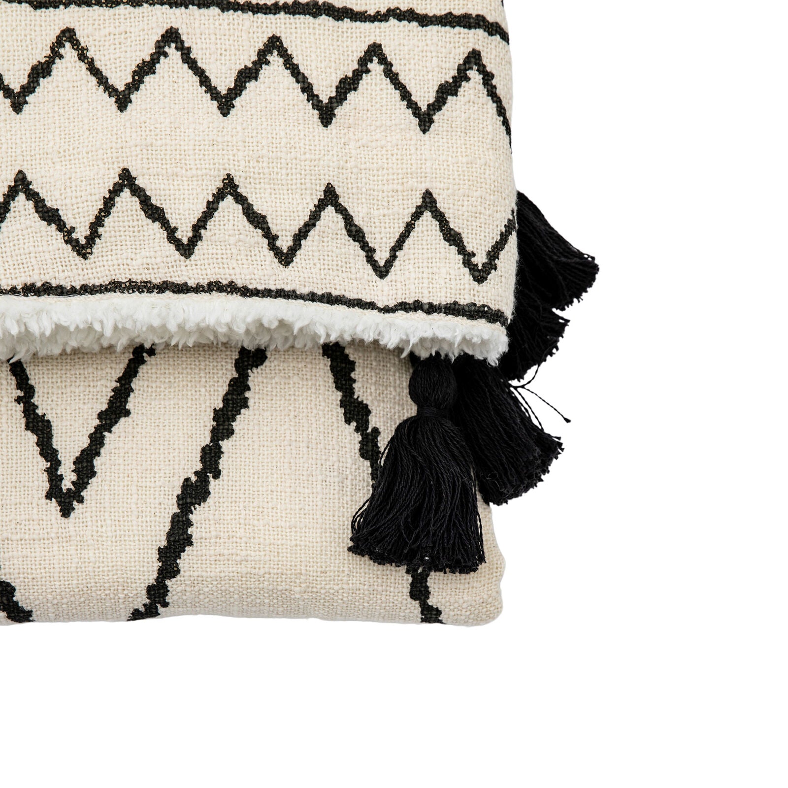 Sherpa natural throw with black pattern, black tassels and super cosy fleece back | malletandplane.com