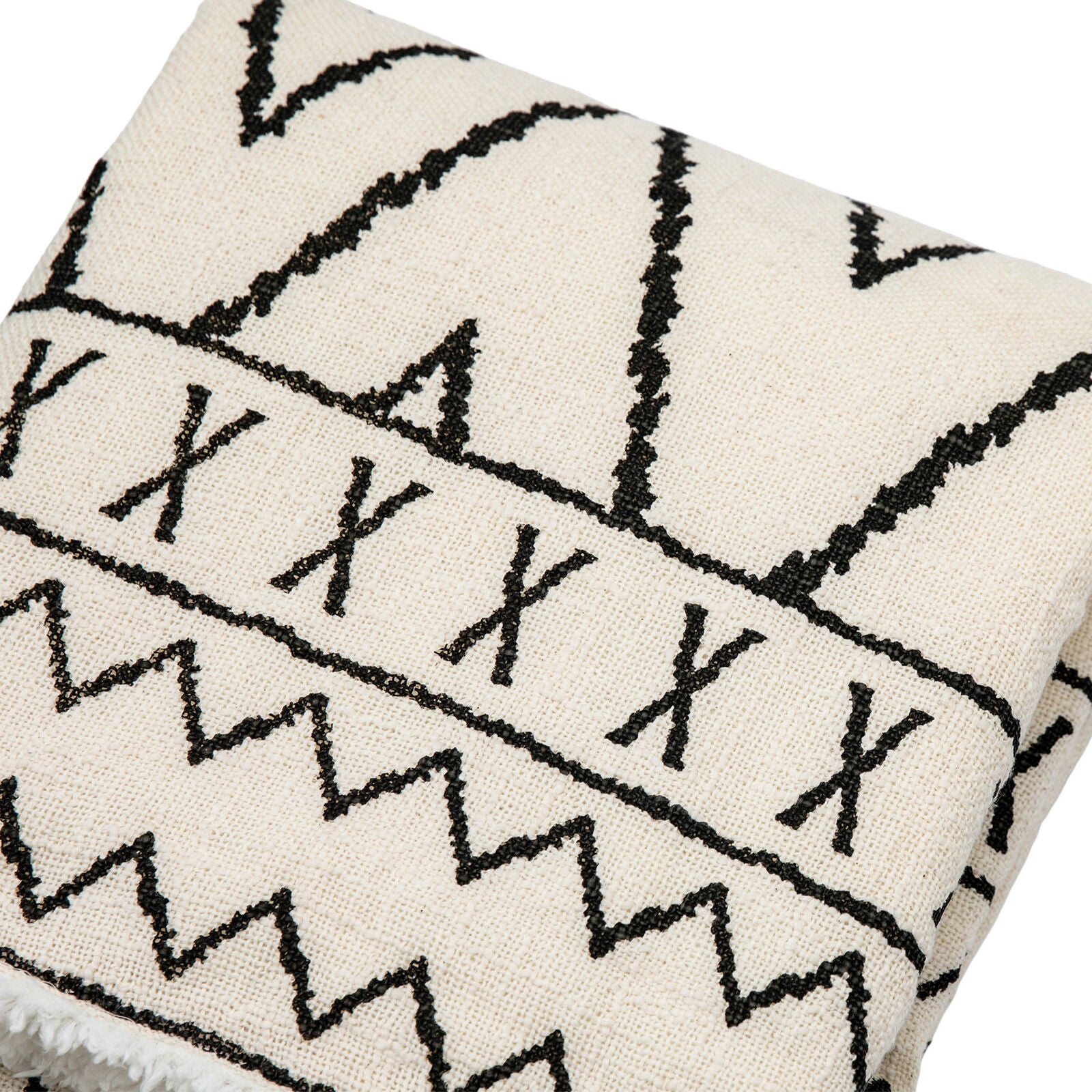 Sherpa natural throw with black pattern, black tassels and super cosy fleece back | malletandplane.com