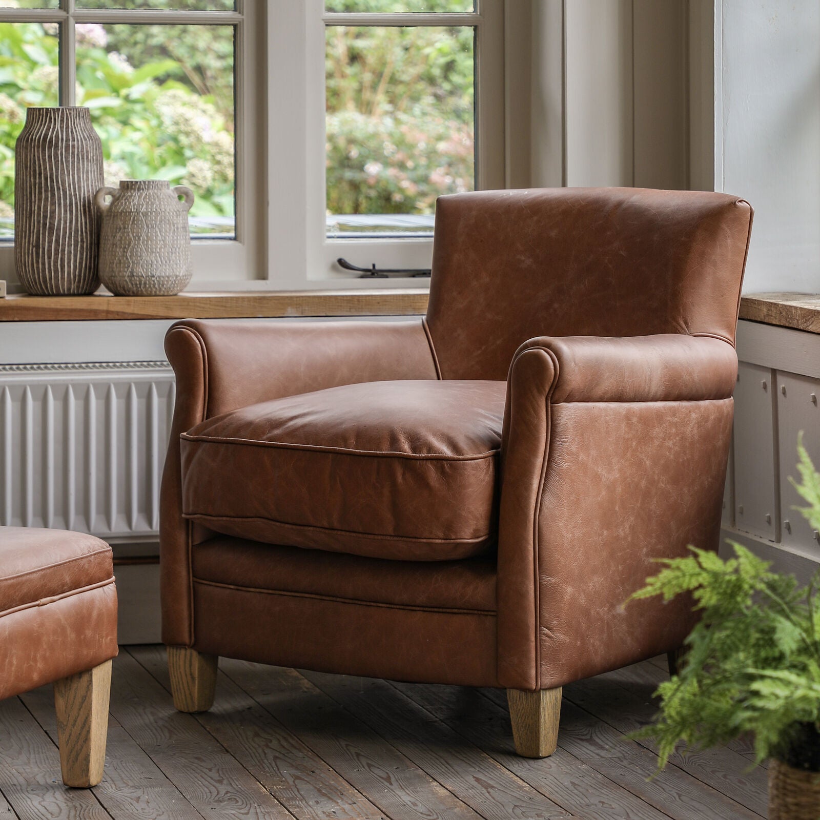 Sir Alfred vintage top grain brown leather armchair with ash feet | MalletandPlane.com