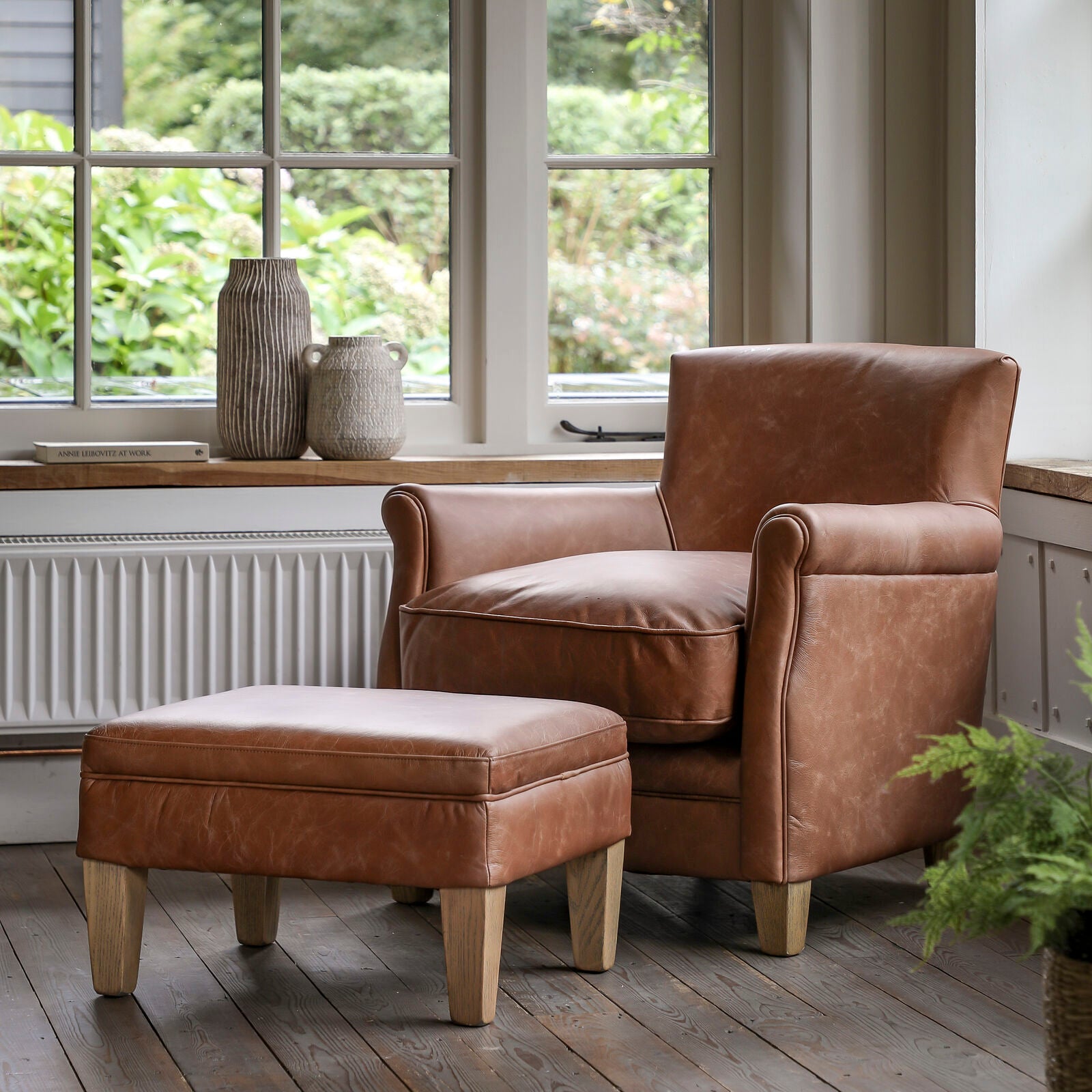 Sir Alfred vintage top grain brown leather armchair with ash feet | MalletandPlane.com