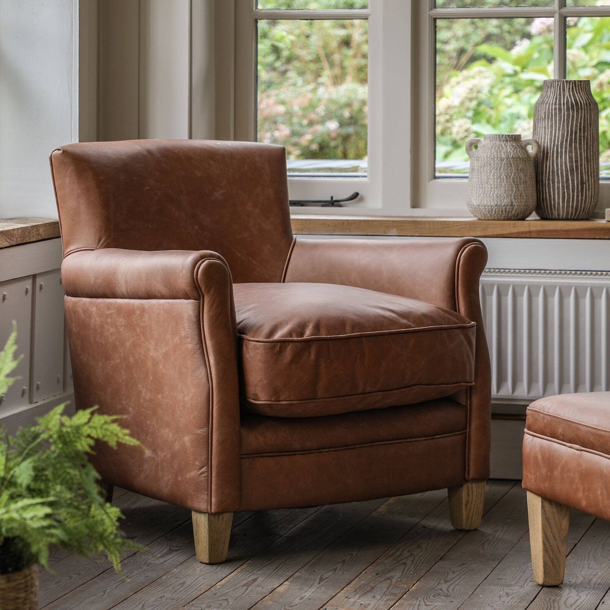 Sir Alfred vintage top grain brown leather armchair with ash feet | MalletandPlane.com