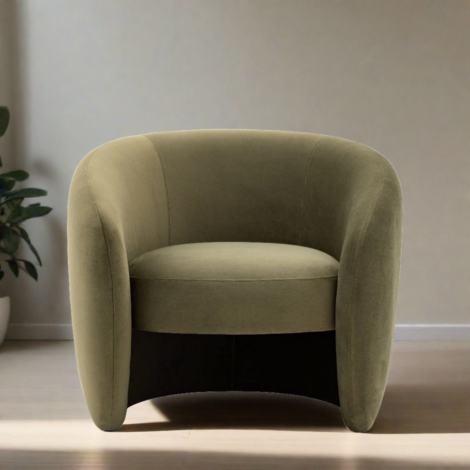 Sofia curved retro style armchair in moss green, espresso grey or soft cream fabric | malletandplane.com