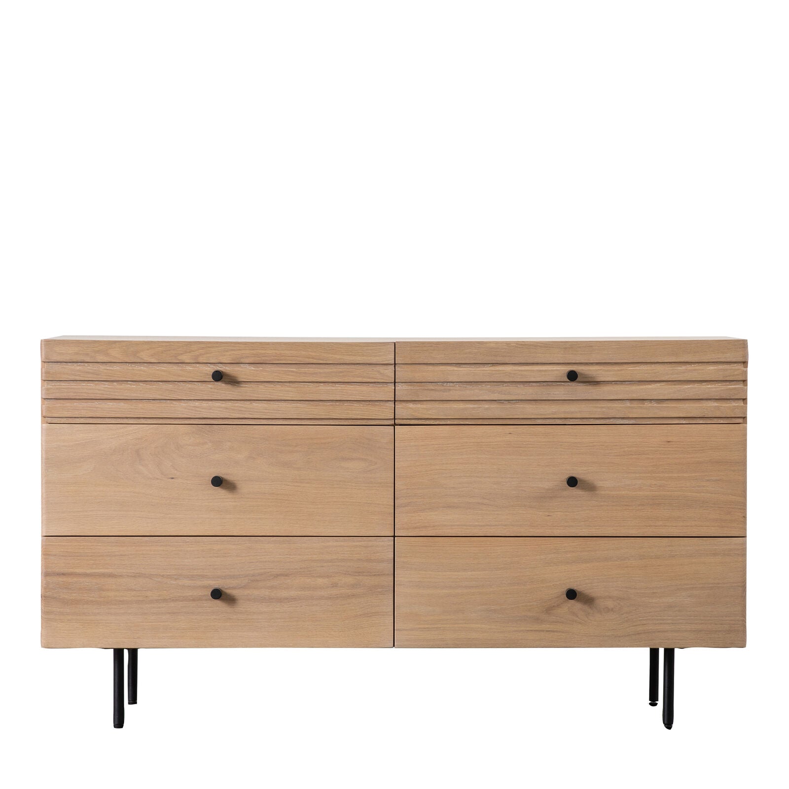 SOJA natural oak chest of 6 Drawers with black metal legs and handles | malletandplane.com