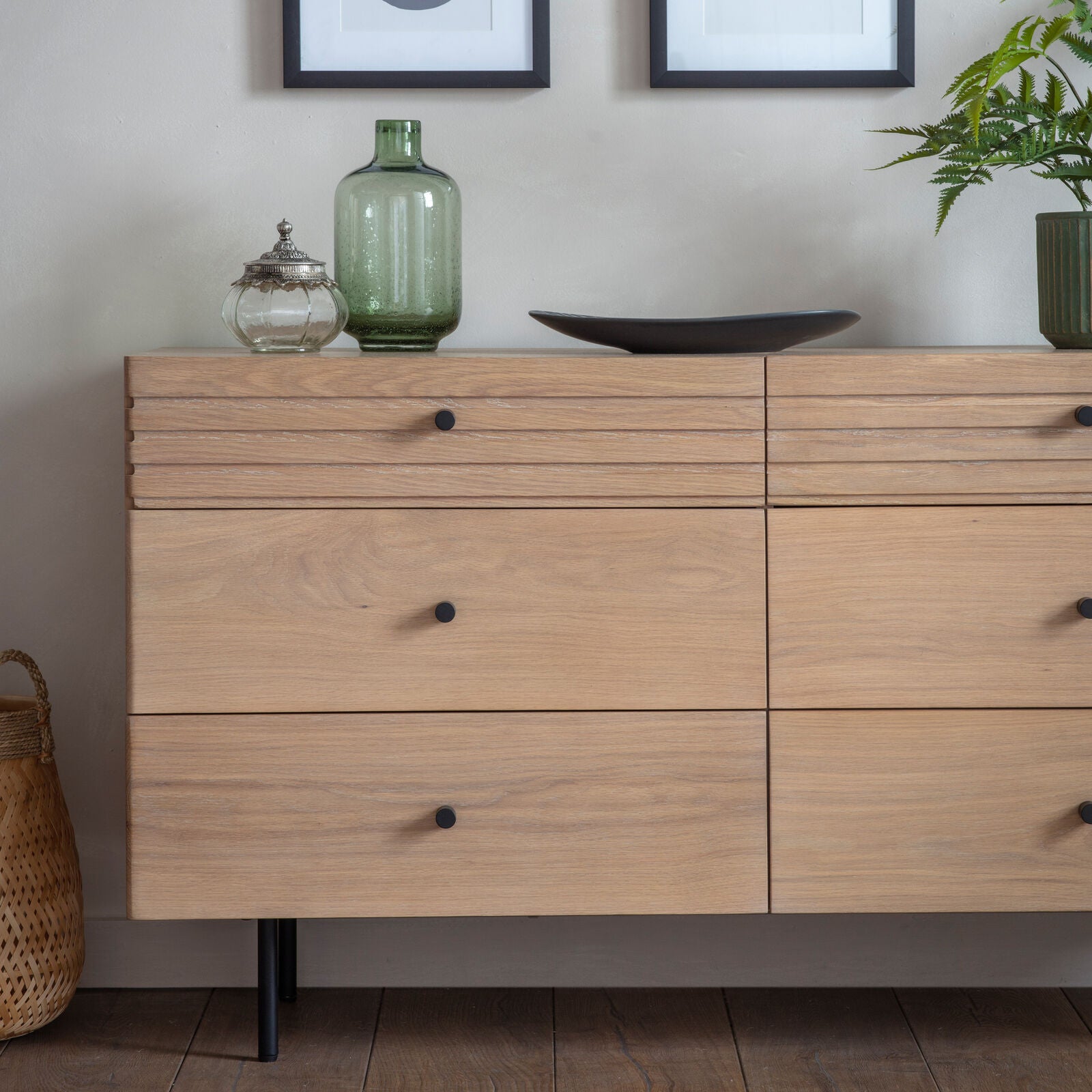 SOJA natural oak chest of 6 Drawers with black metal legs and handles | malletandplane.com