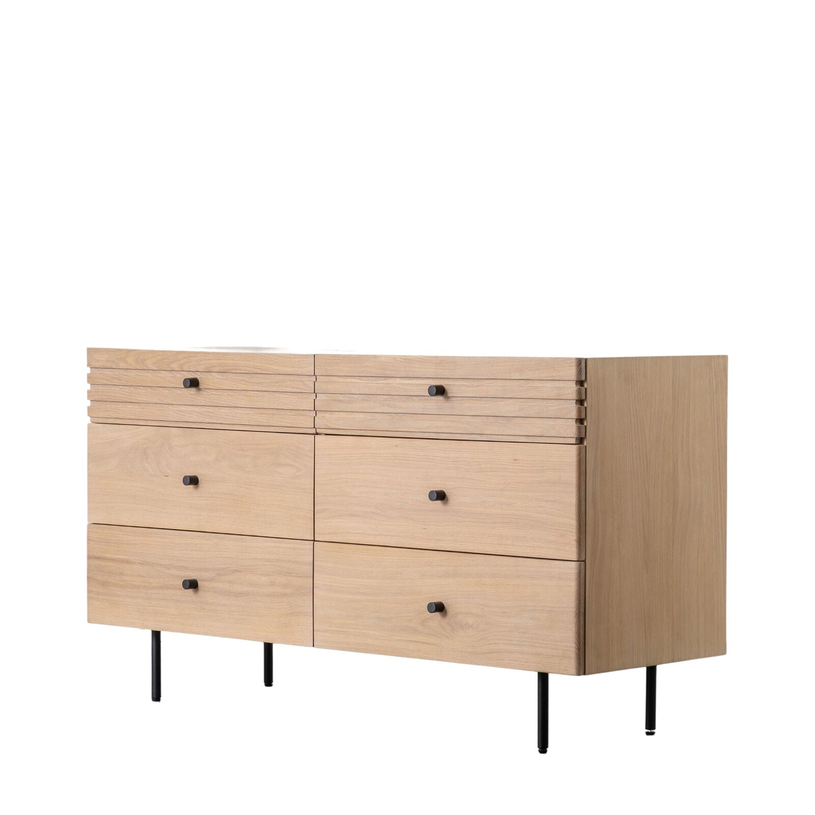 SOJA natural oak chest of 6 Drawers with black metal legs and handles | malletandplane.com