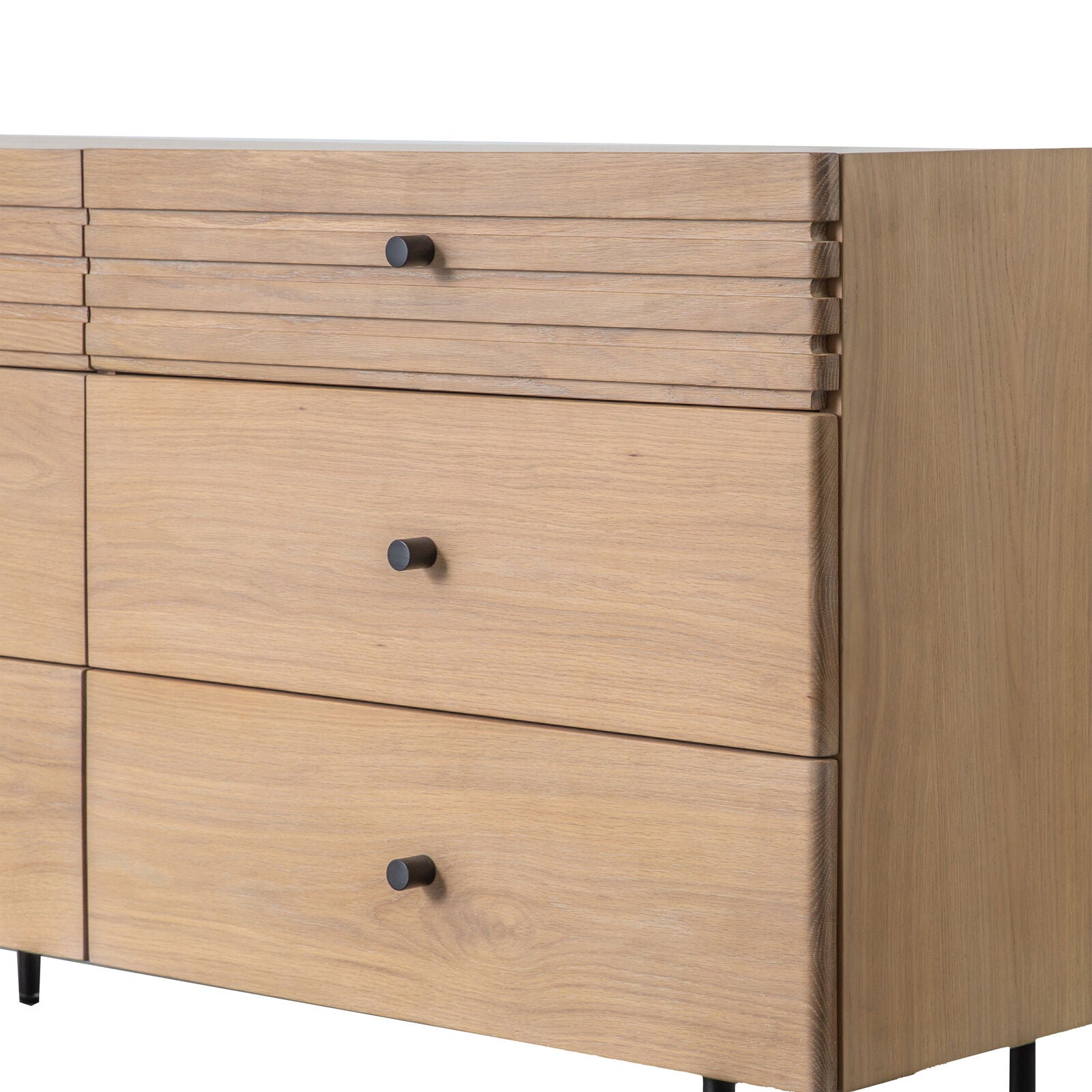 SOJA natural oak chest of 6 Drawers with black metal legs and handles | malletandplane.com