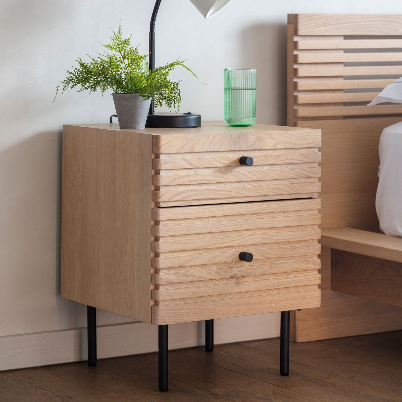 Soja 2 drawer Japandi style bedside table in natural oak finish | malletandplane.com