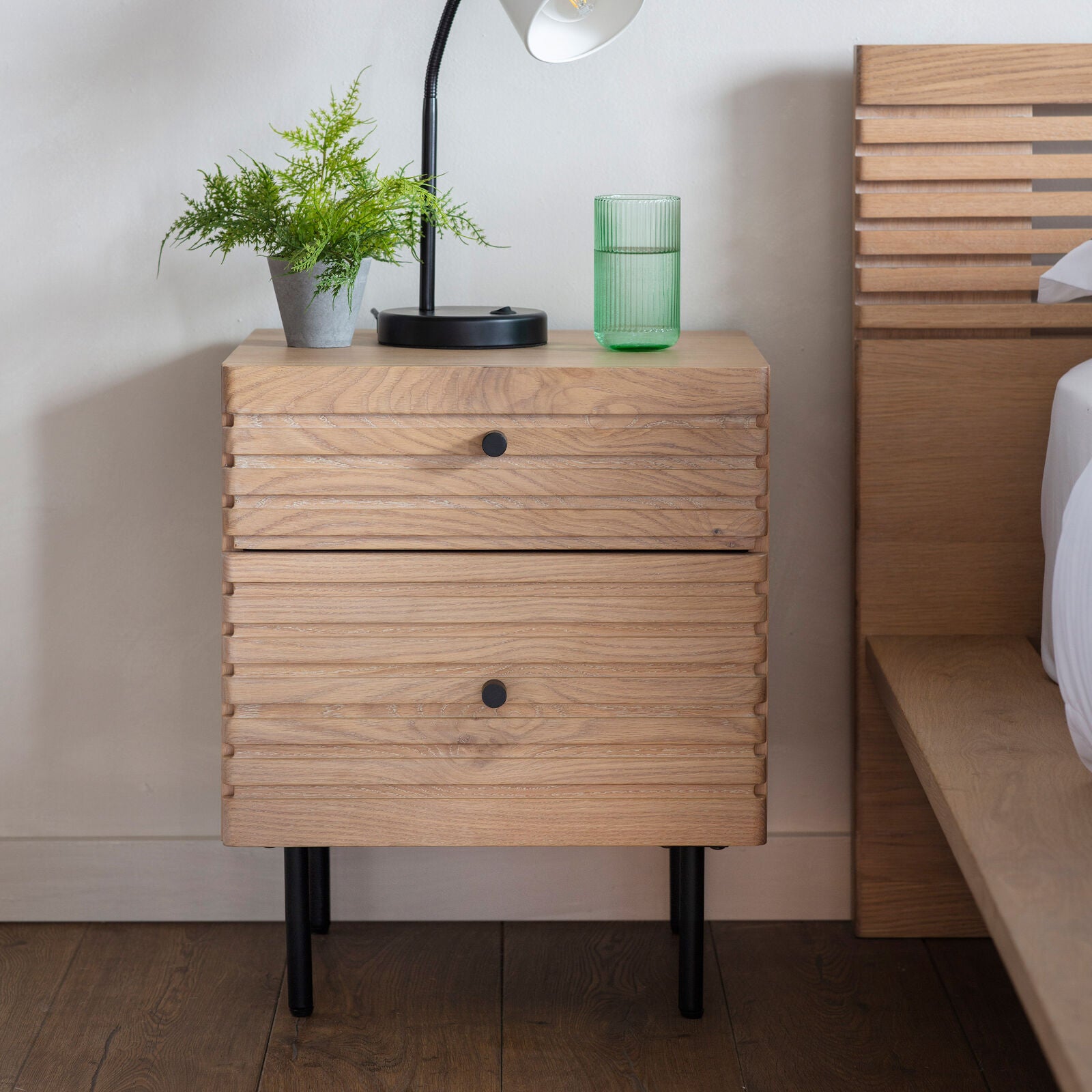 Soja 2 drawer Japandi style bedside table in natural oak finish | malletandplane.com