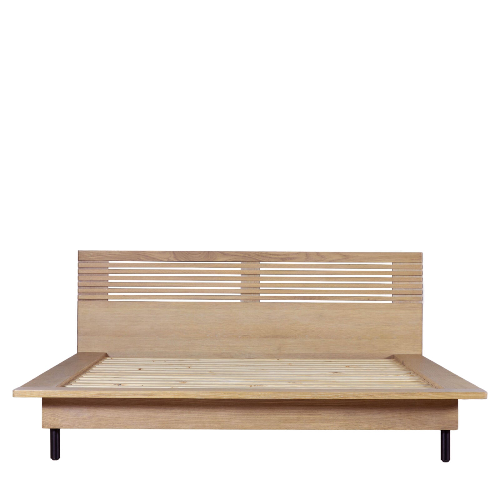 Soja Double bed with radius slats in natural oak finish with black metal legs | malletandplane.com