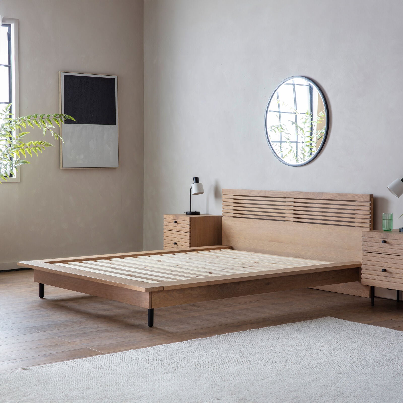 Soja Double bed with radius slats in natural oak finish with black metal legs | malletandplane.com