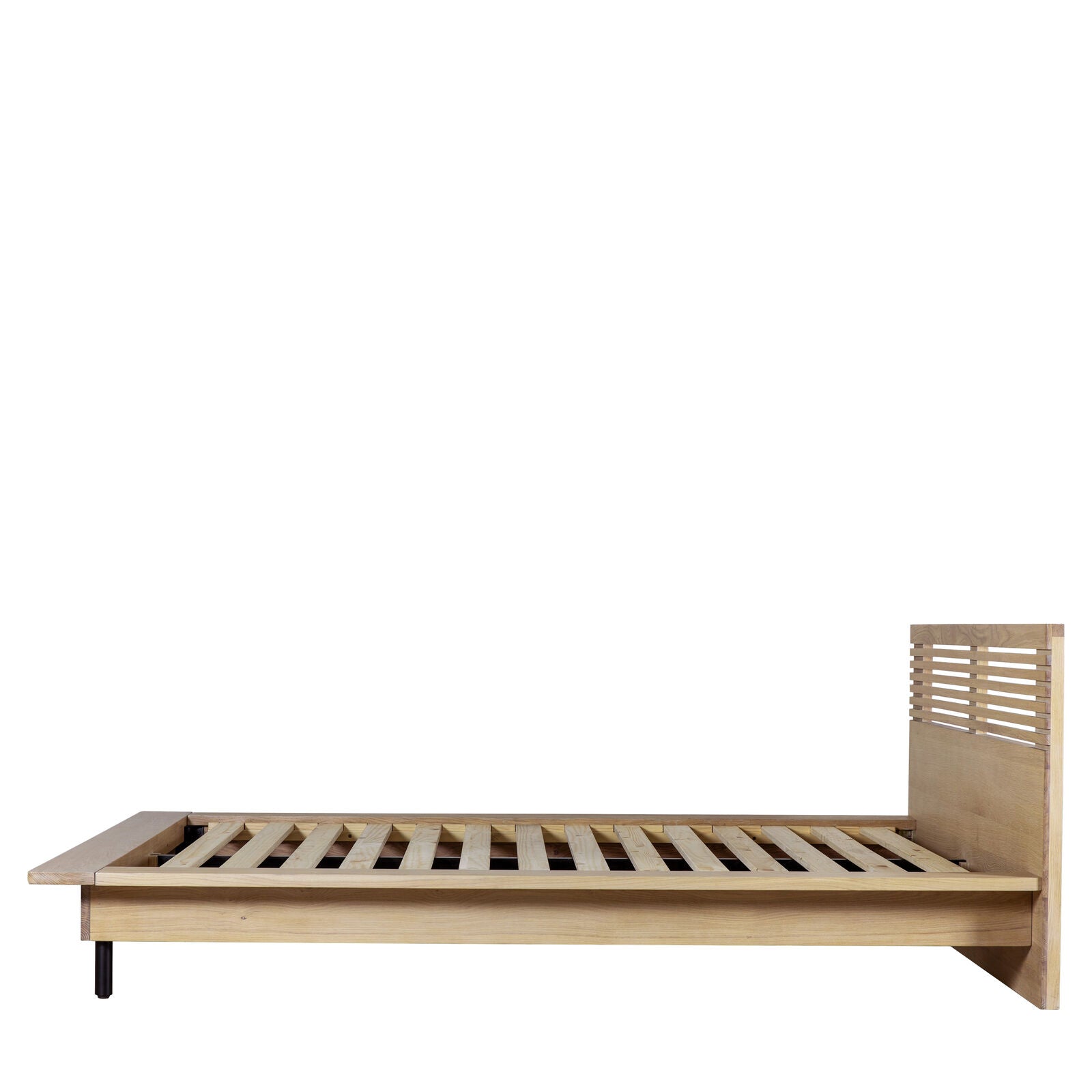 Soja king size bed with radius slats in natural oak finish with black metal legs | malletandplane.com