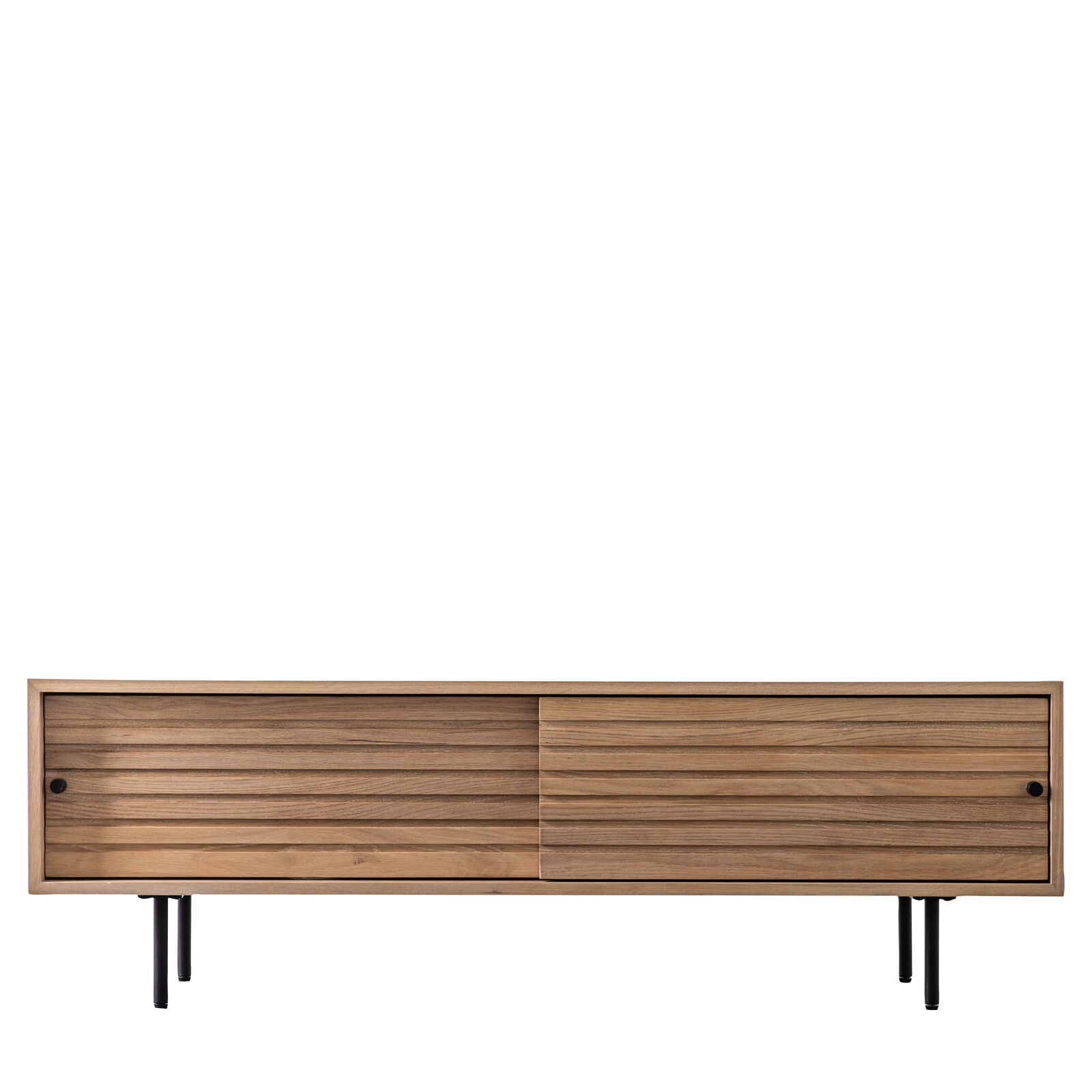 Soja oak and steel media unit with sliding doors and Japandi slatted detailing | malletandplane.com