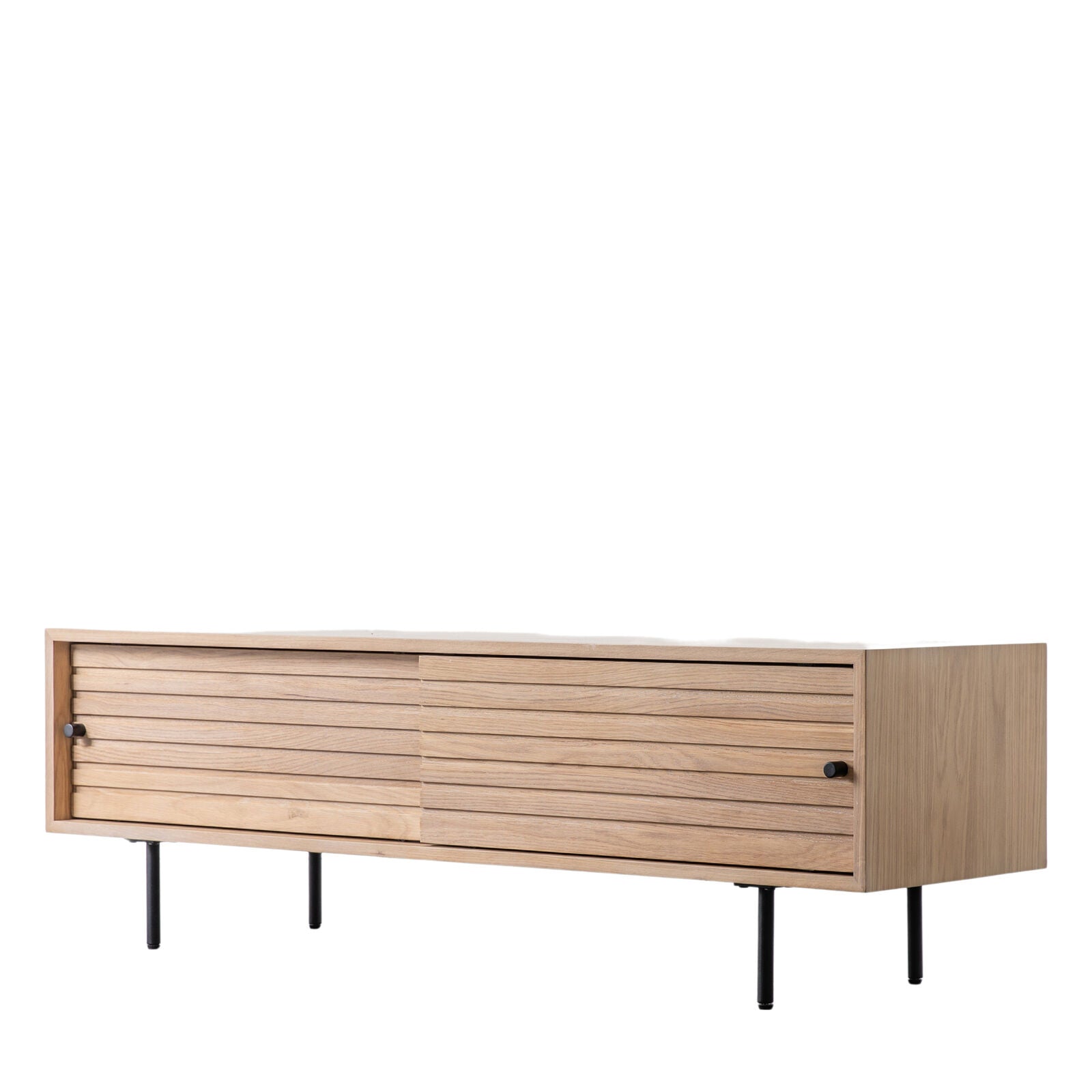 Soja oak and steel media unit with sliding doors and Japandi slatted detailing | malletandplane.com