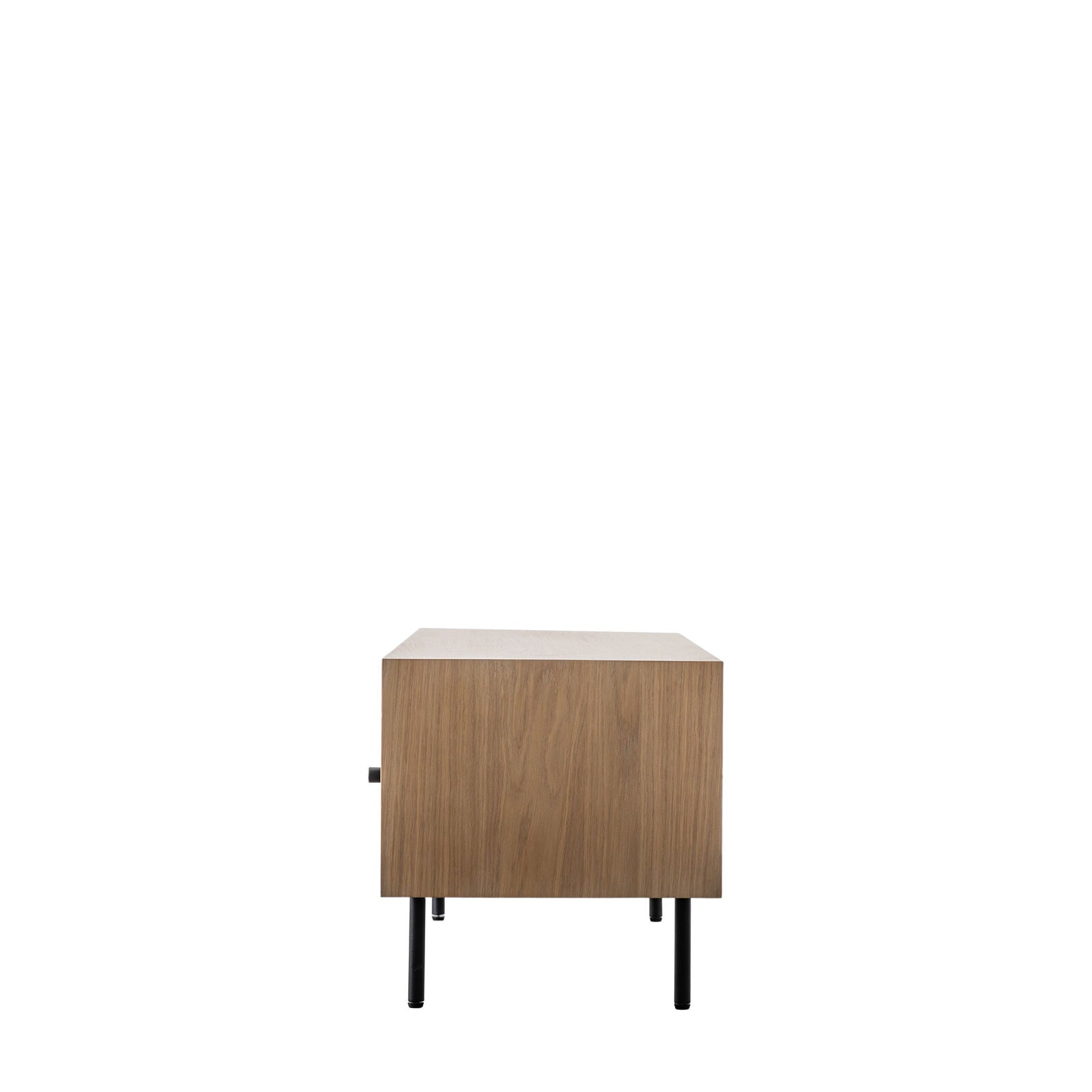 Soja oak and steel media unit with sliding doors and Japandi slatted detailing | malletandplane.com