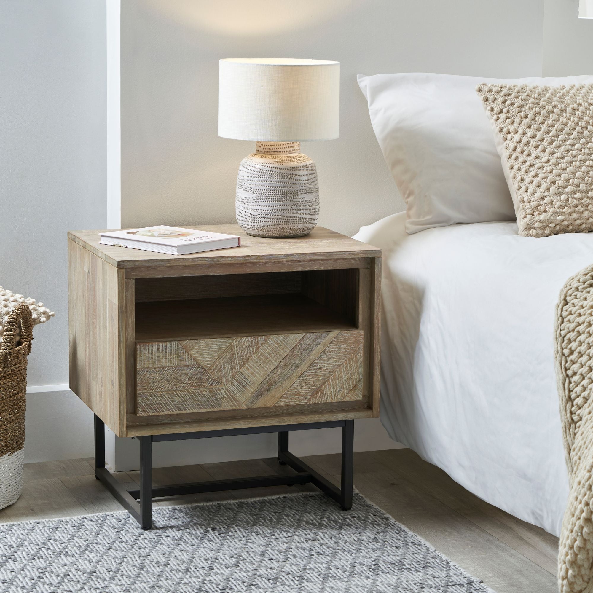 Torvik sand wash acacia wood 1 drawer bedside table with open niche | malletandplane.com