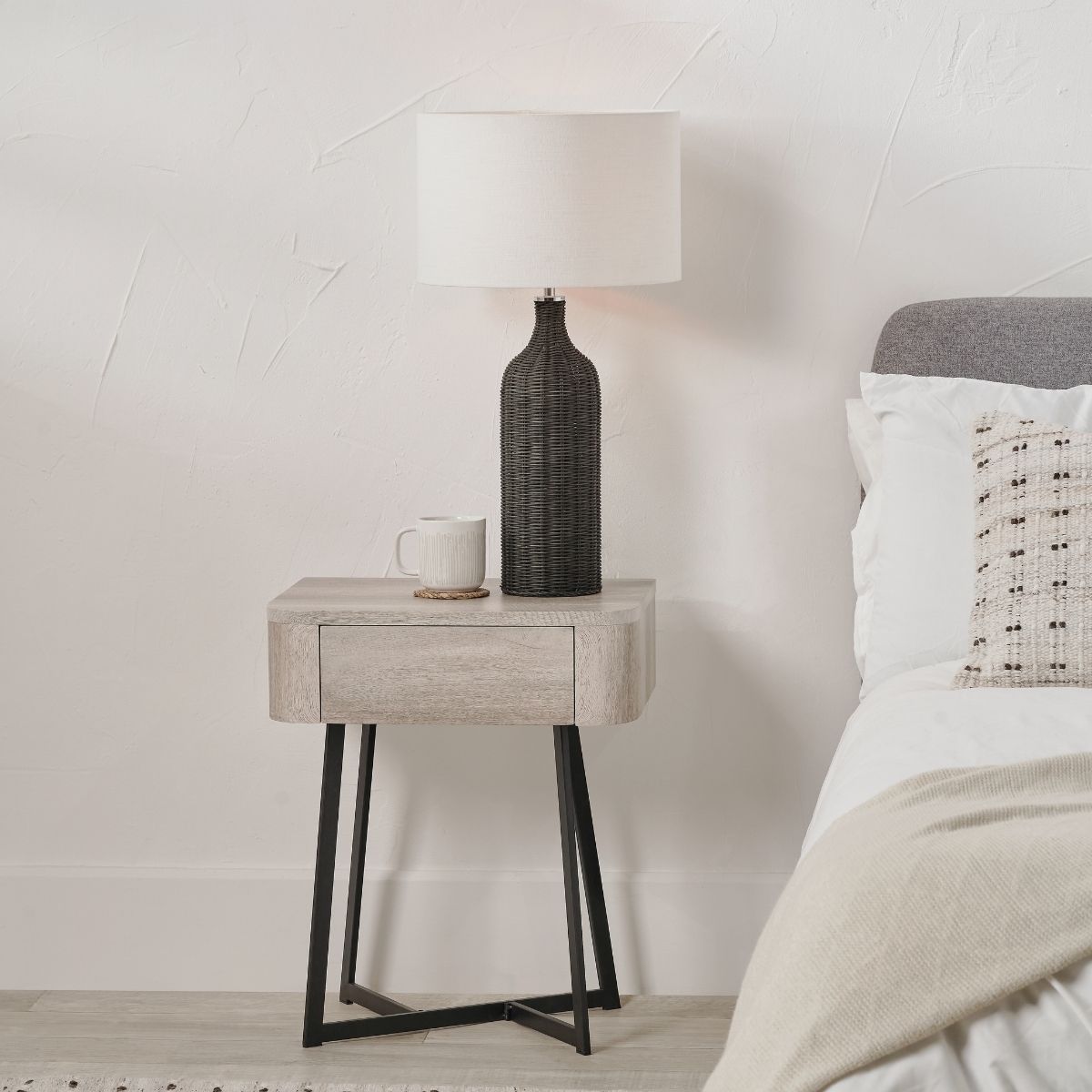 UKIAH Grey Oak & Black Metal Bedside Table | malletandplane.com