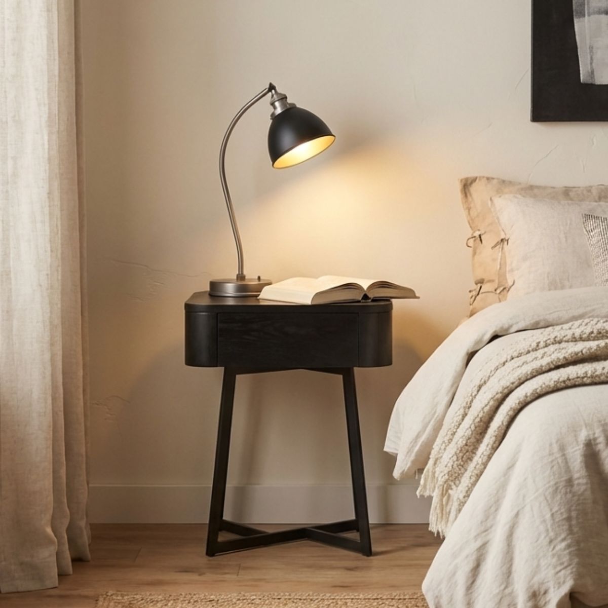 UKIAH Black Ash & Metal Bedside Table