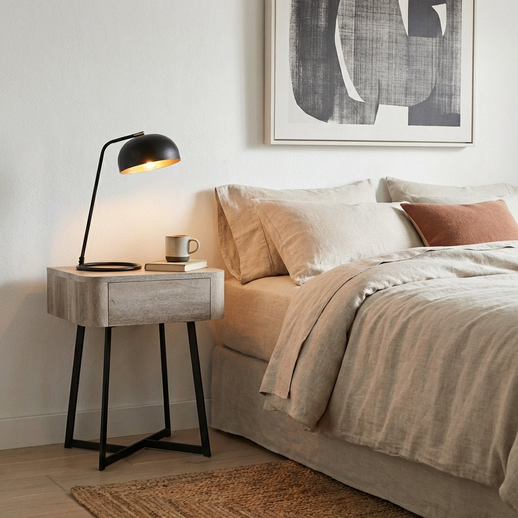 UKIAH Grey Oak & Black Metal Bedside Table