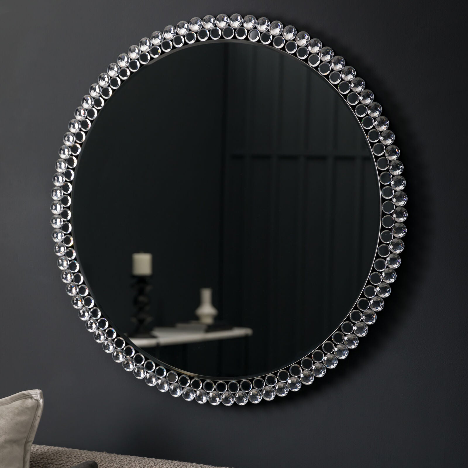 Tamara round bevelled wall mirror with decorative frame | malletandplane.com