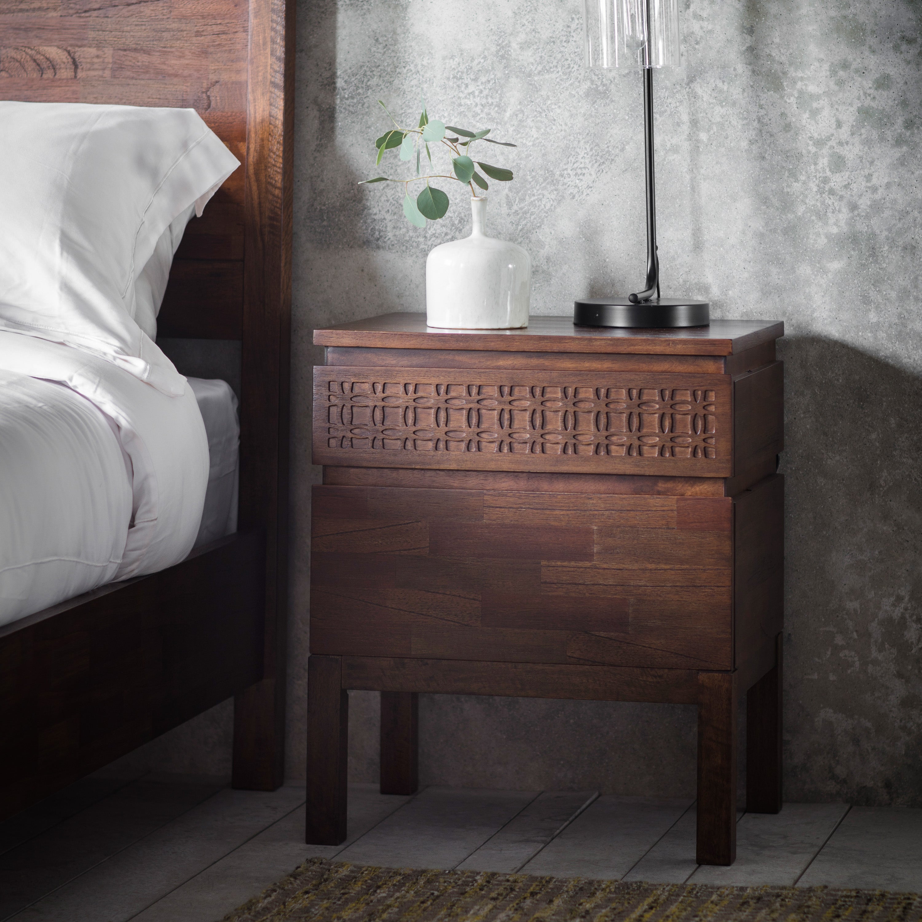 Laylah Brown 2 Drawer Bedside Table - detail and lifestyle view 2