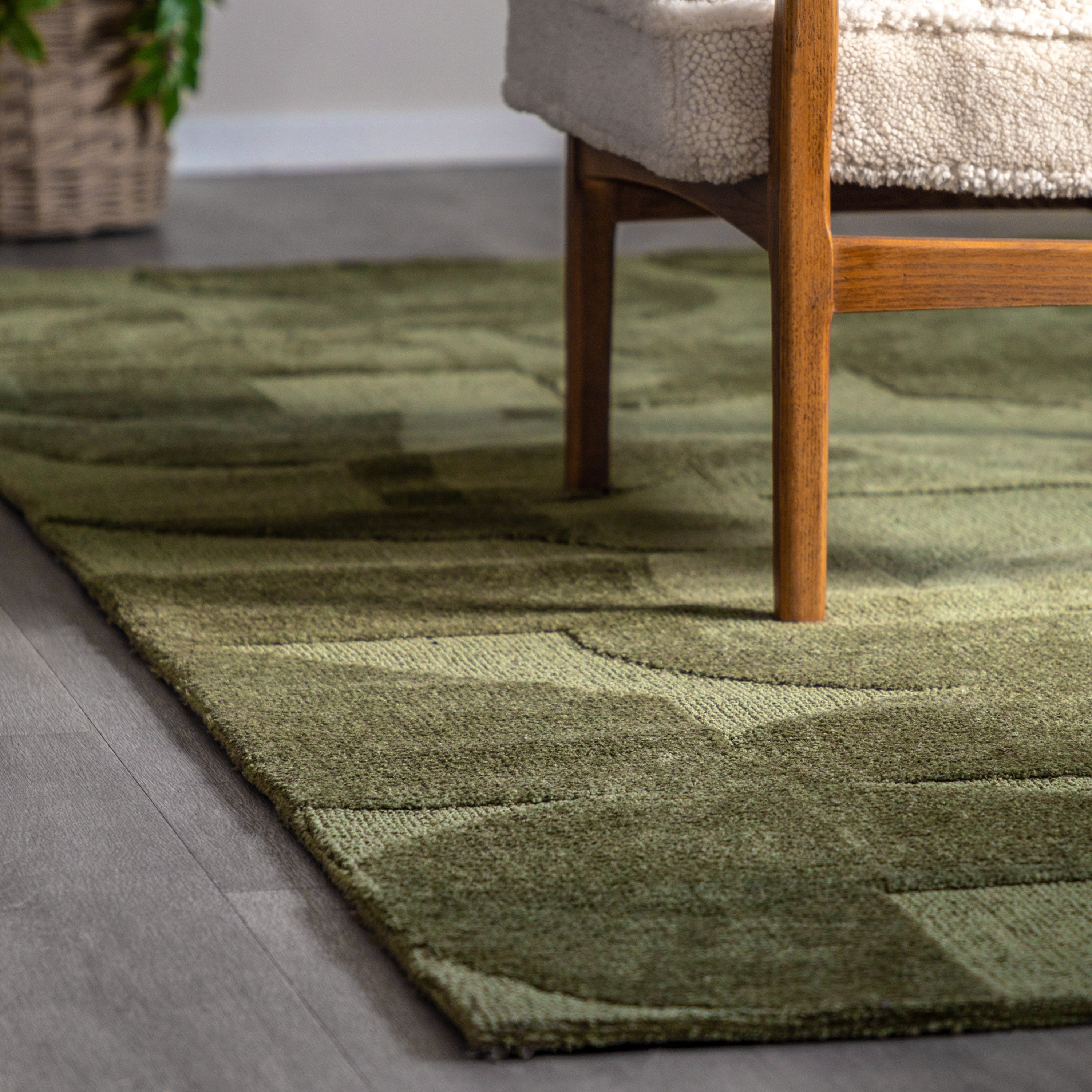 Cortland Olive Block Rug - detail and lifestyle view 2