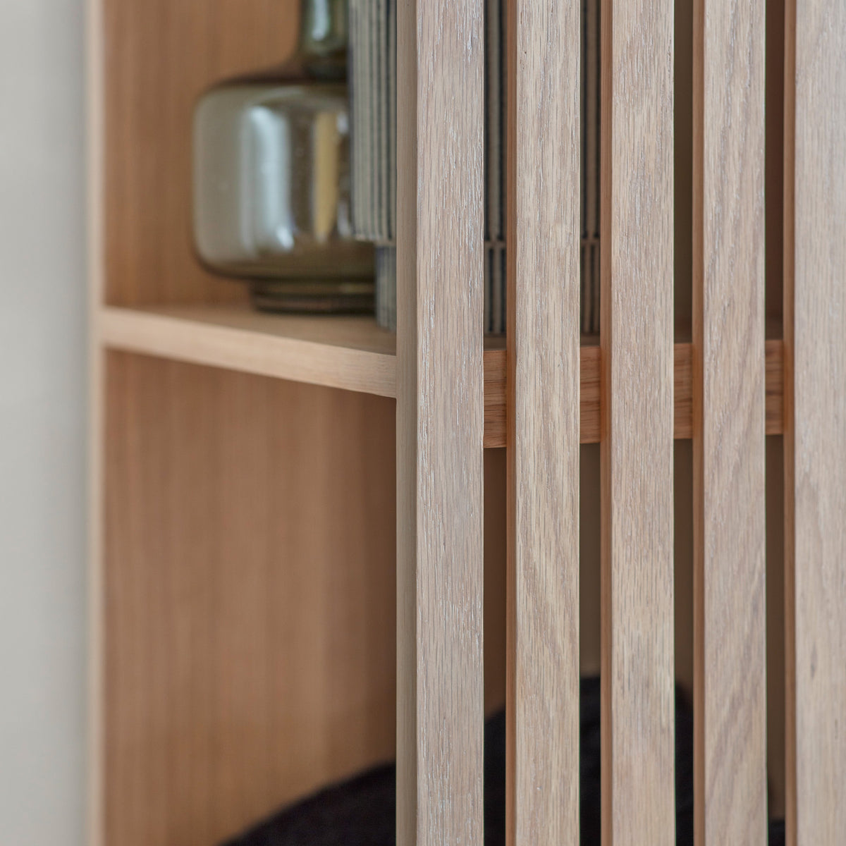 OKAYAMA oak open wardrobe with black hanging rail and slatted shelving