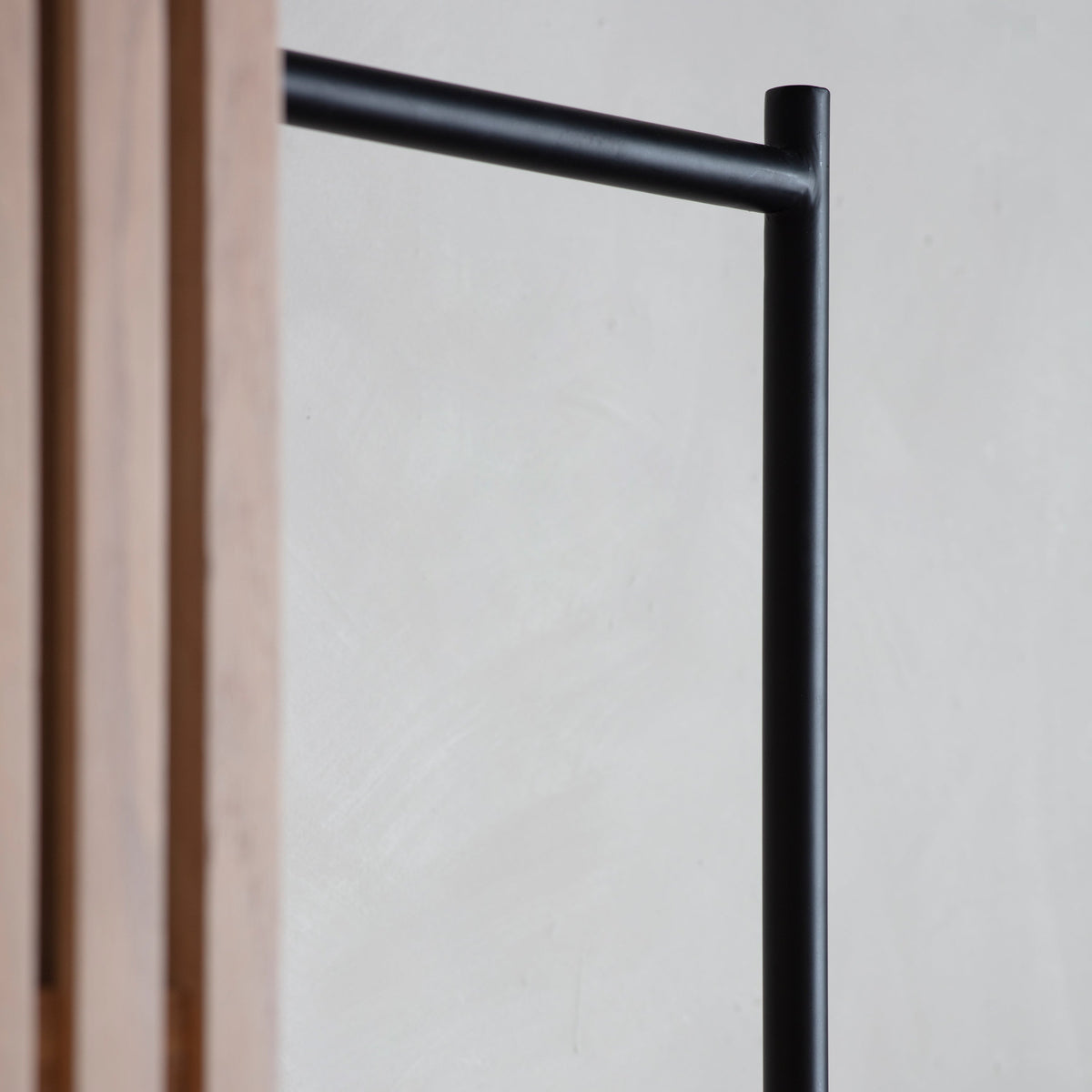 OKAYAMA oak open wardrobe with black hanging rail and slatted shelving