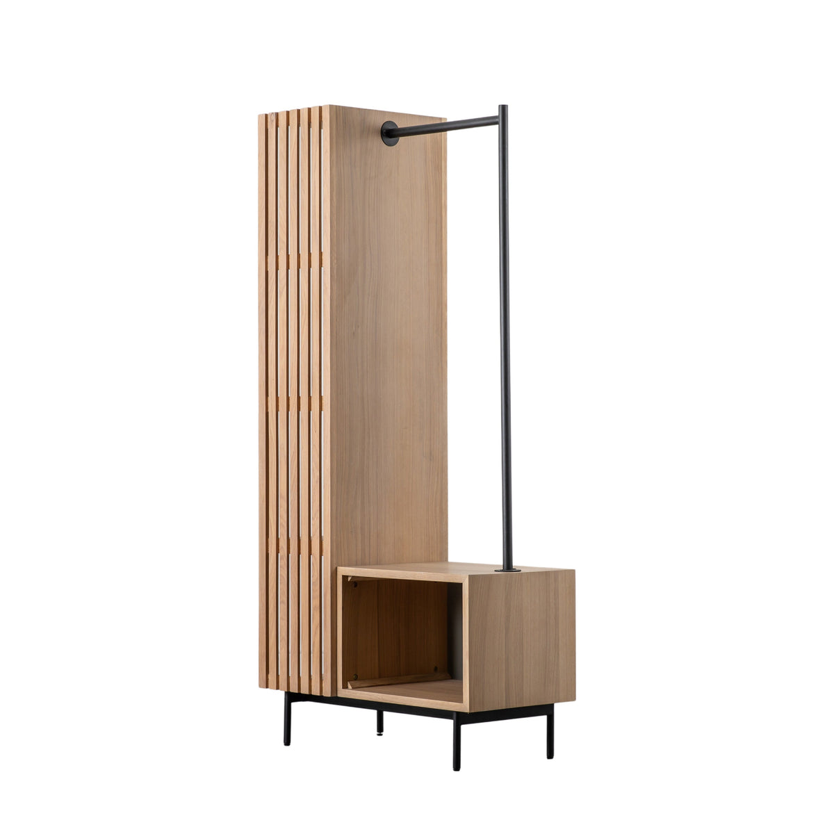 OKAYAMA oak open wardrobe with black hanging rail and slatted shelving