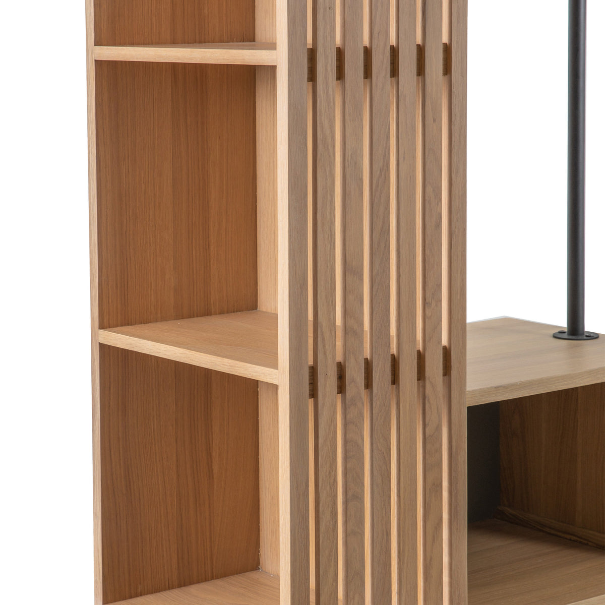 OKAYAMA oak open wardrobe with black hanging rail and slatted shelving