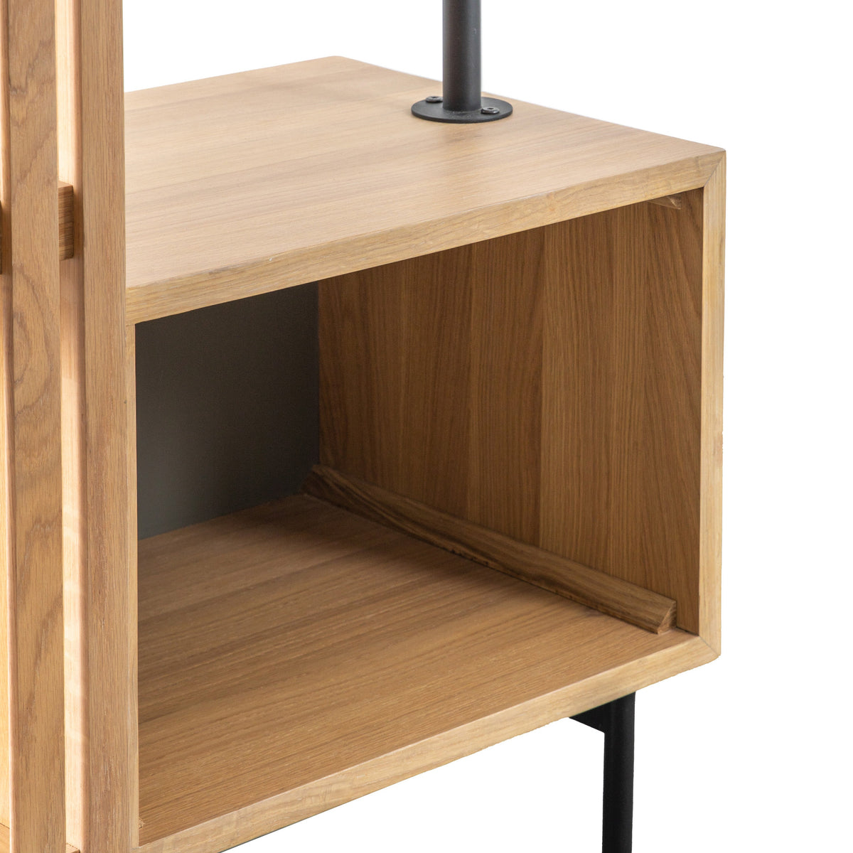 OKAYAMA oak open wardrobe with black hanging rail and slatted shelving