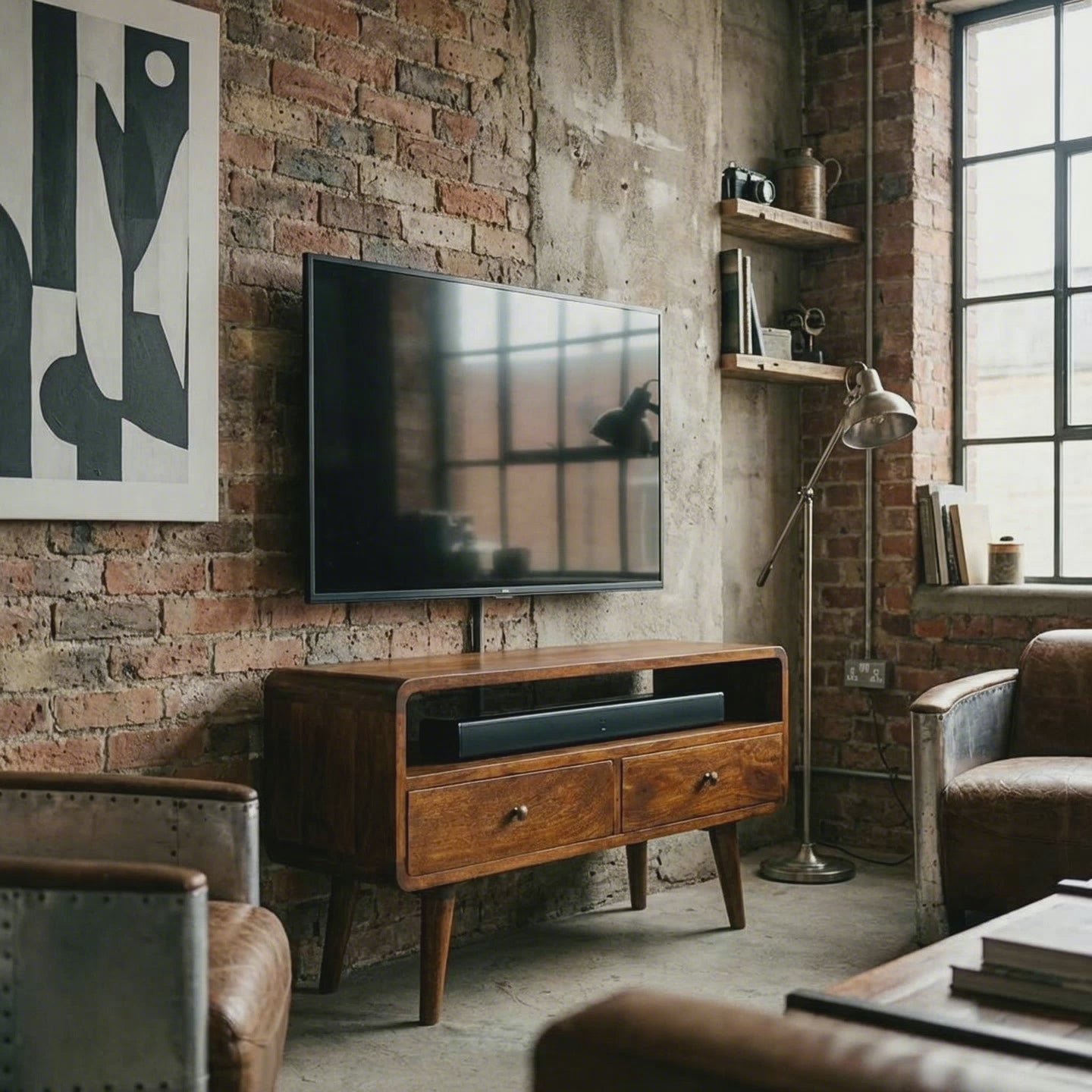 Century handmade wooden TV stand with 2 drawers in deep chestnut finish