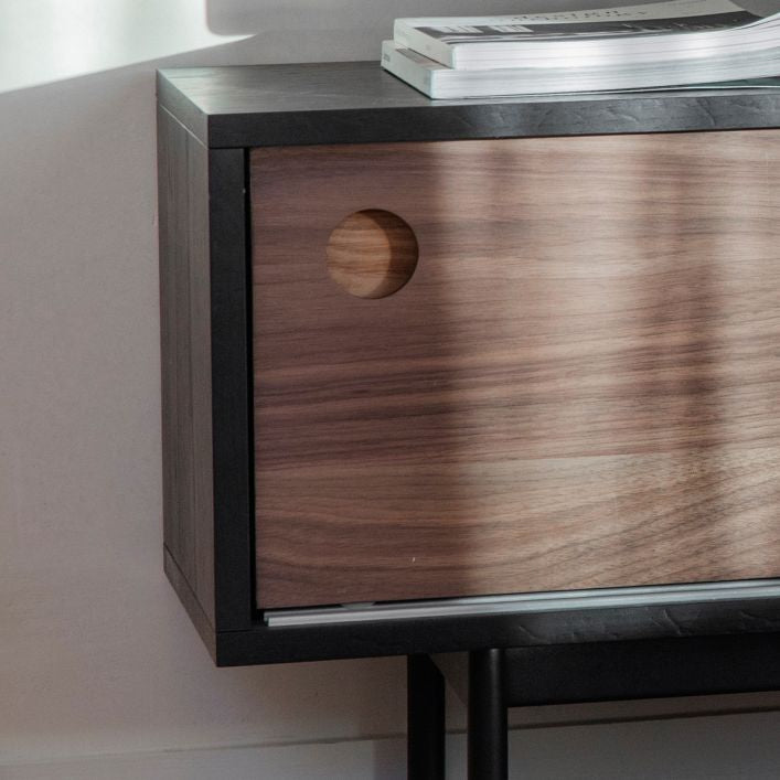 CITY TV Stand in black with walnut  and 2 sliding doors 1400 mm wide | MalletandPlane.com