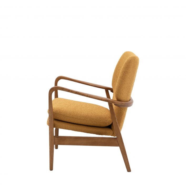 Arny Mid Century Style Small Armchair in Ochre linen with button detail | MalletandPlane.com