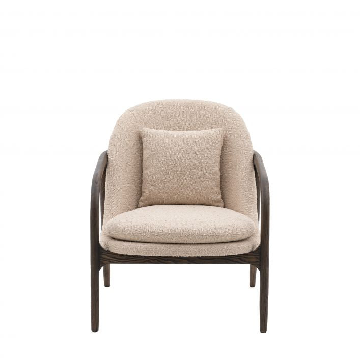 Finn Taupe Mid Century Armchair with dark wood frame| MalletandPlane.com